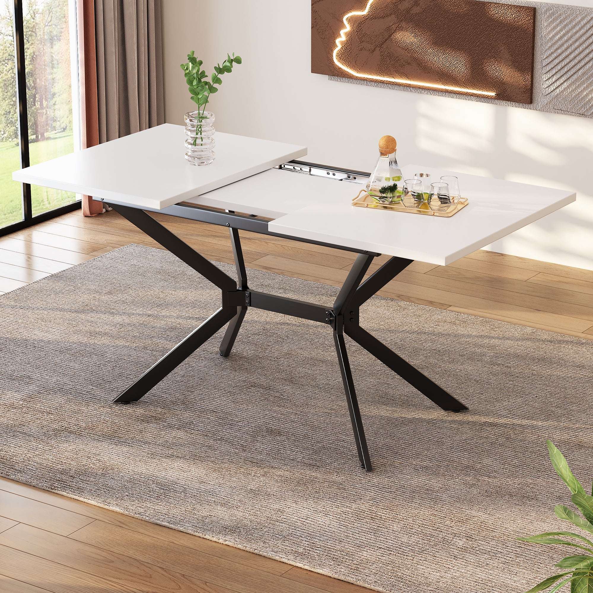Extendable Dining Table, Rectangular Seating for 4-6 People, White and Black Metal
