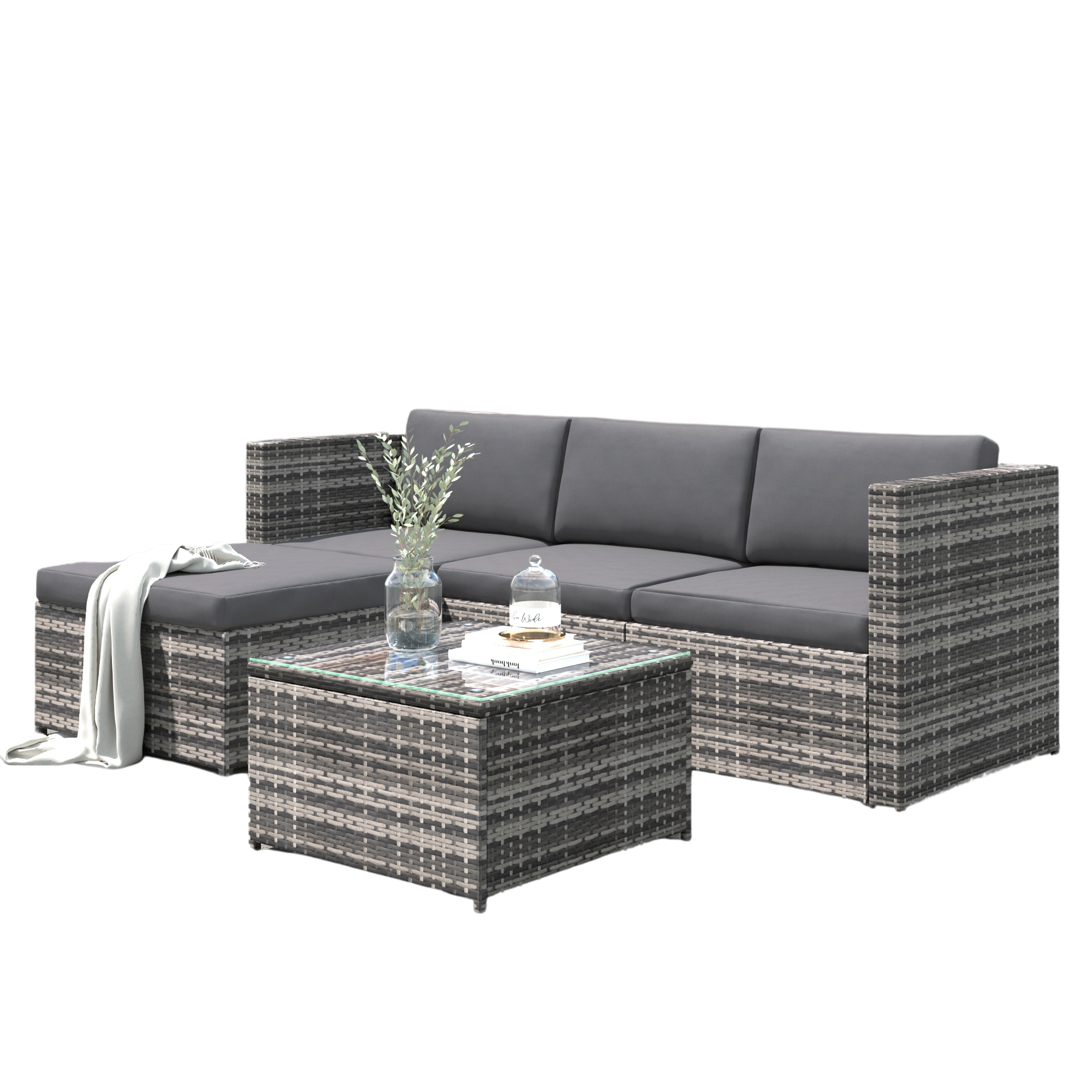 Polyrattan Lounge Sofa Set with Corner Sofa and Glass Top Table, Grey
