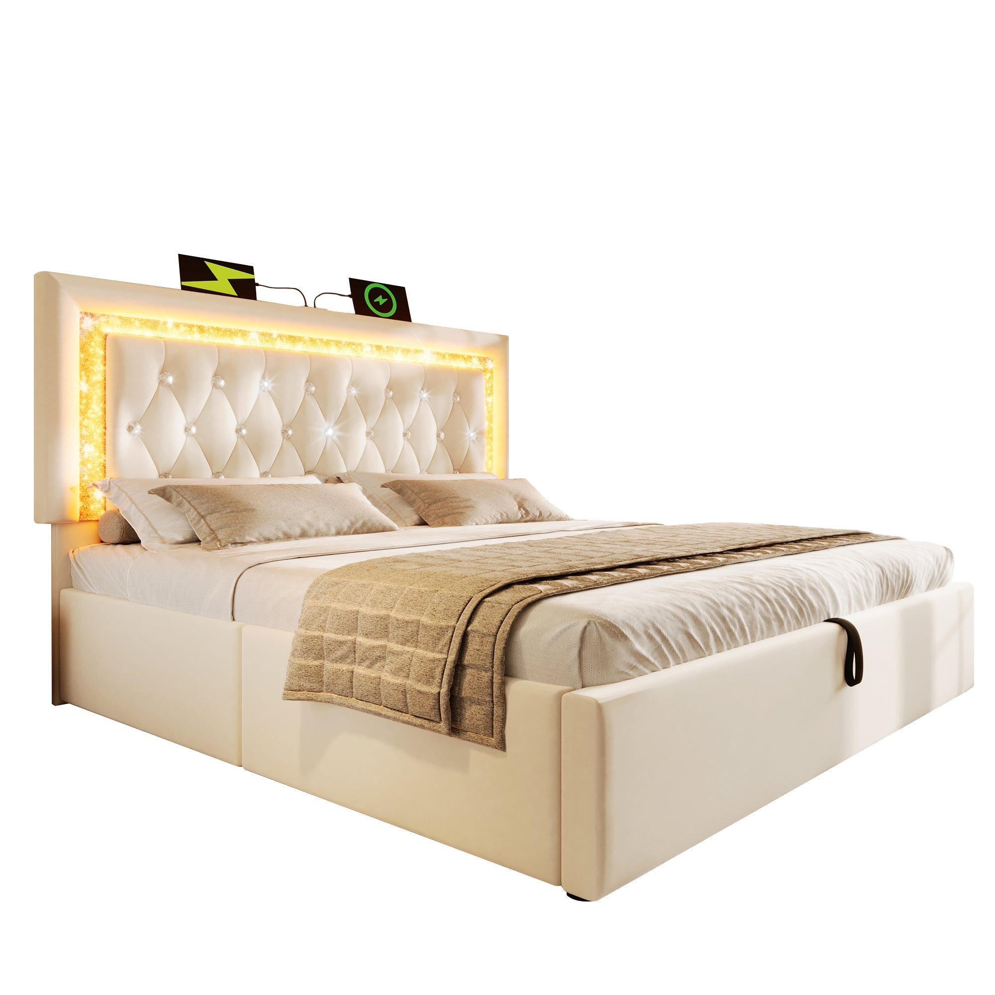 Upholstered Double Bed 160x200cm LED USB/Type-C Hydraulic Storage - Beige Velvet