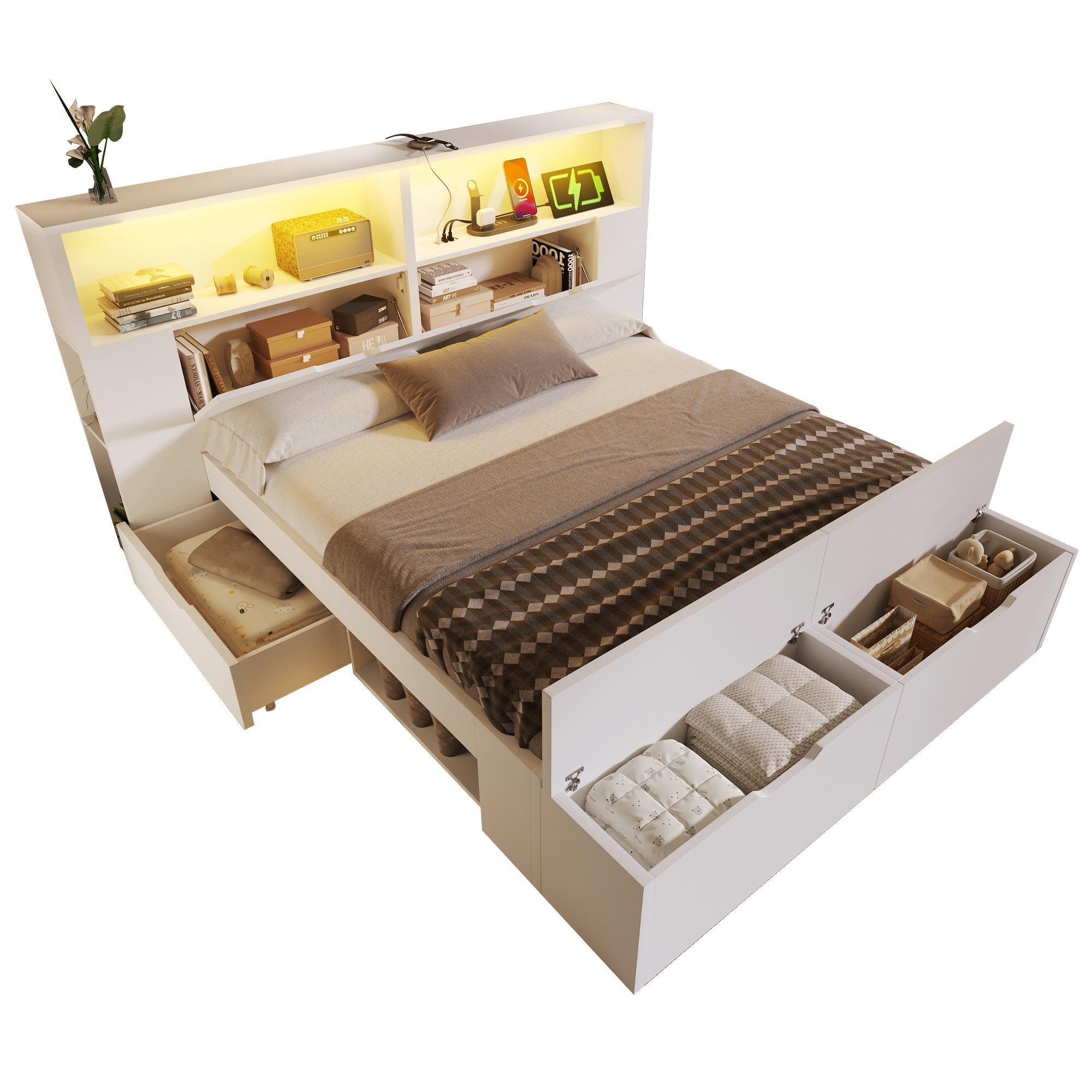Wooden Double Bed 140x200cm Storage Drawers LED Lights USB White