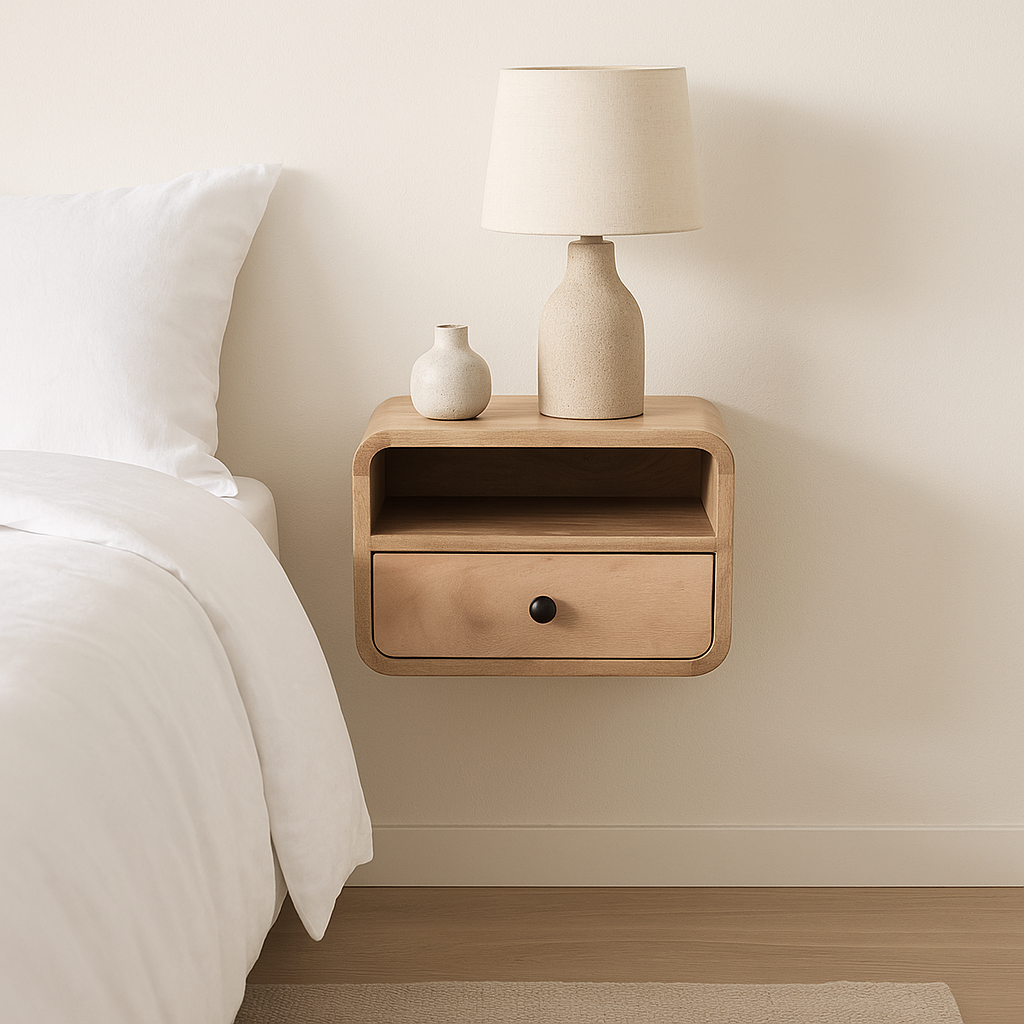 Solid Wood Bedside, Wall Mounted Curved Extra Mini with Open Slot, 1 Drawer, Brown