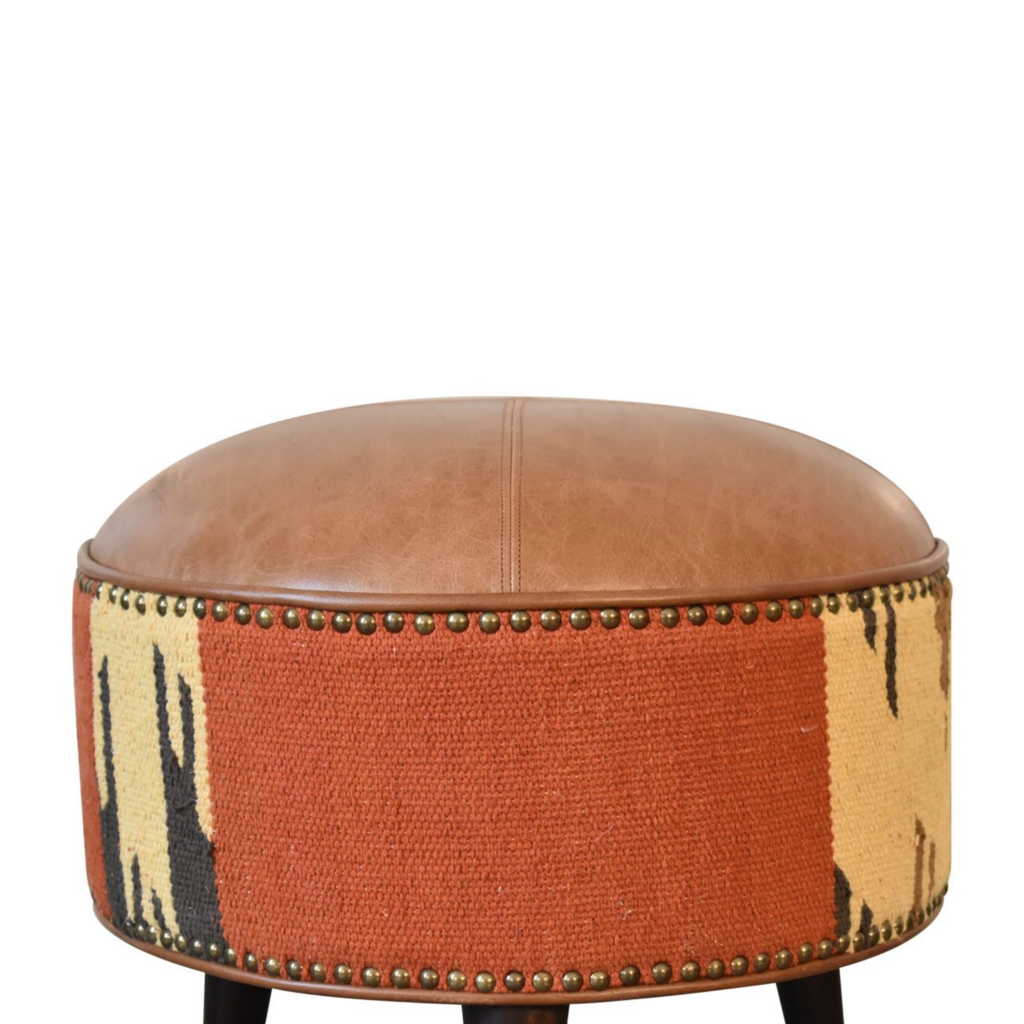 Solid Wood Footstool, Bohemian Durrie and Leather, Multicolor