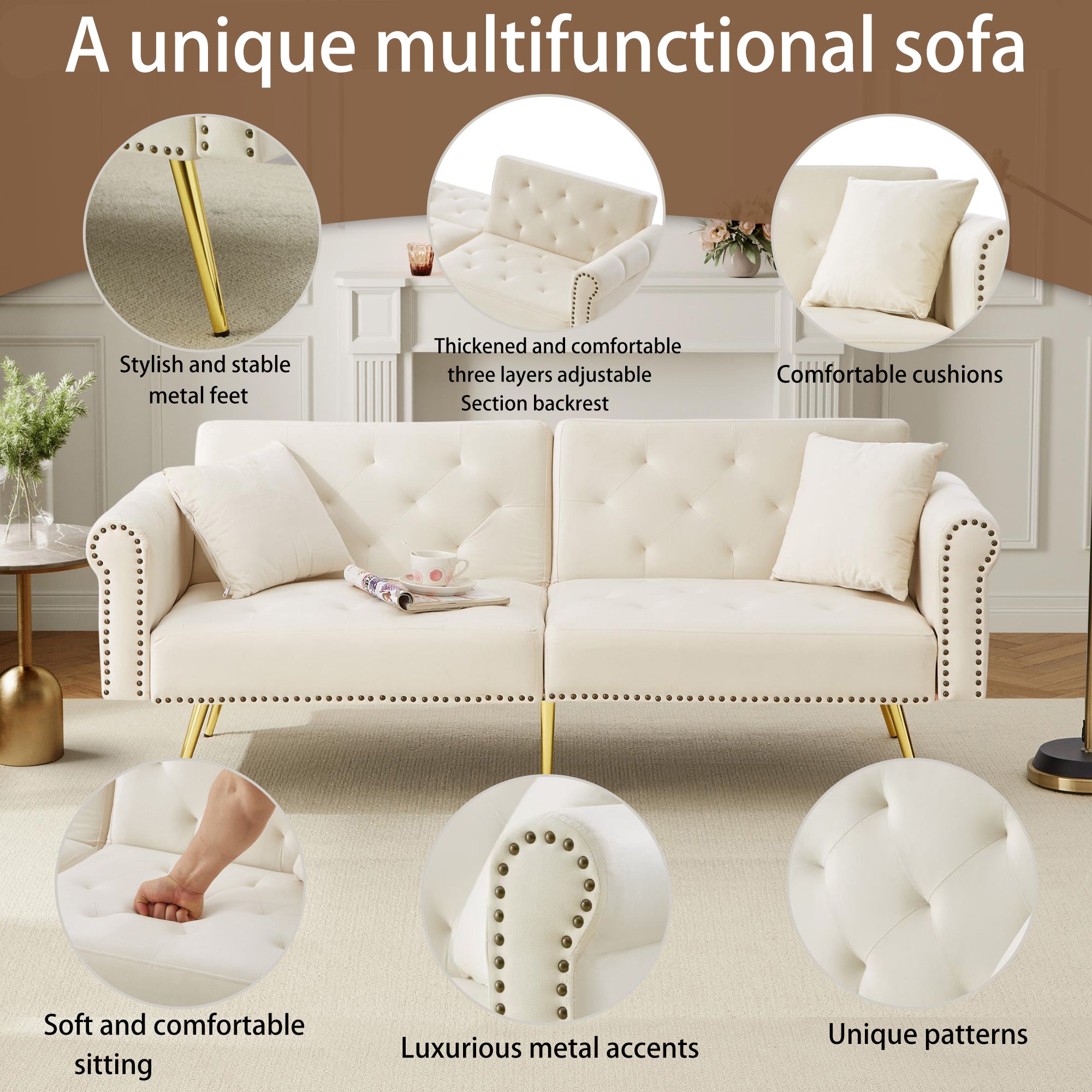 Modernes 2-Sitzer Schlafsofa mit 3-fach verstellbarer Rückenlehne, Samt