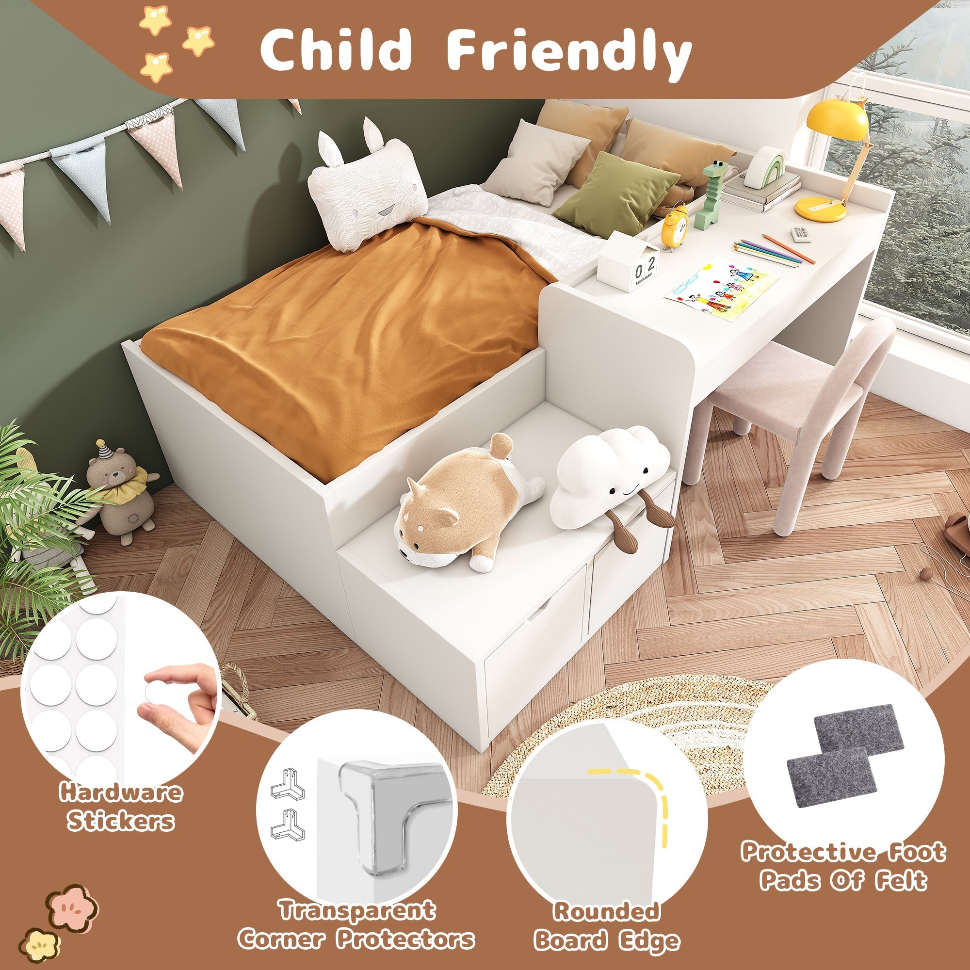 Kids Single Bed with Desk and Drawers, 90 x 190 cm, White Wooden Frame