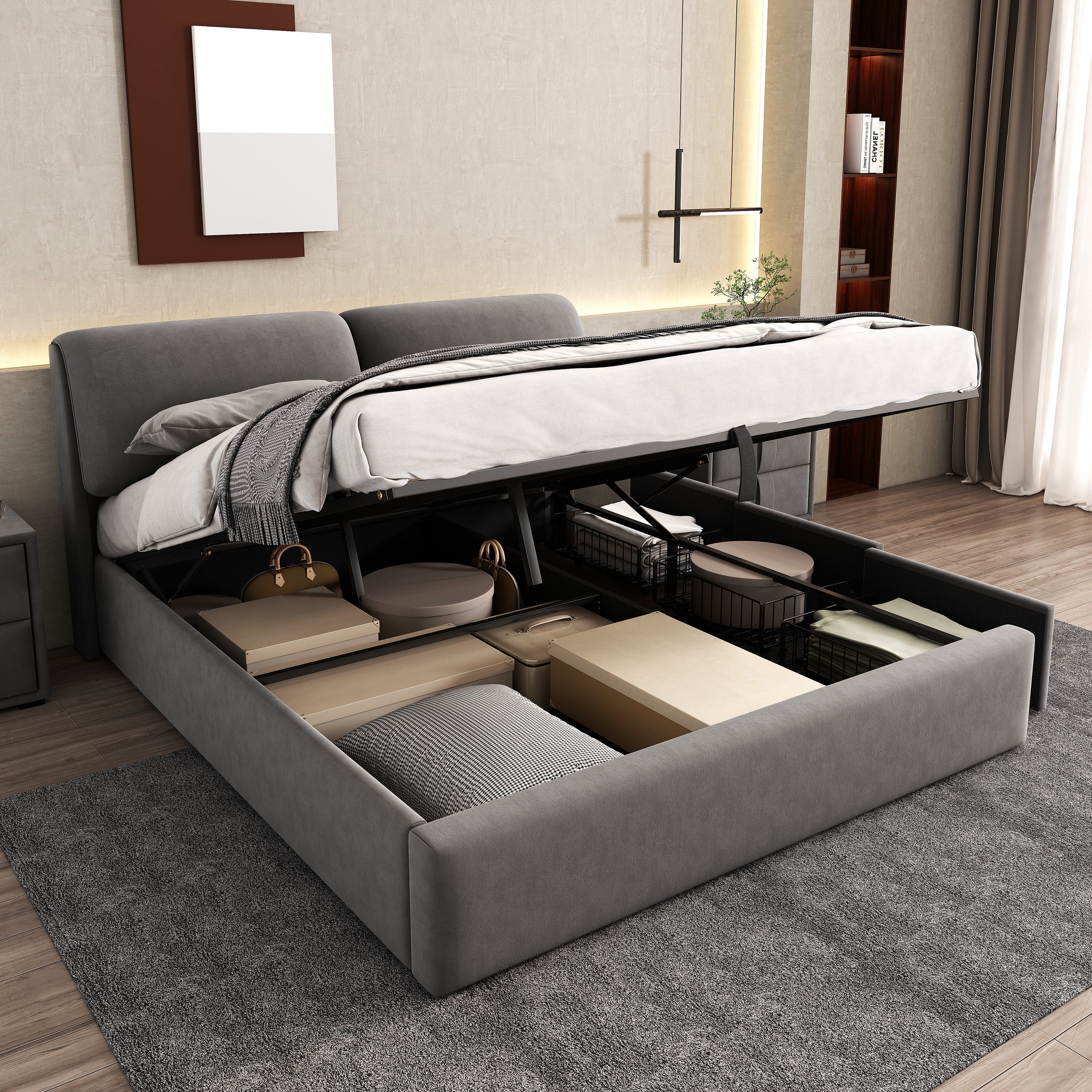 Upholstered Bed with Hydraulic Storage and 3 Drawers, 180x200cm, Grey Velvet