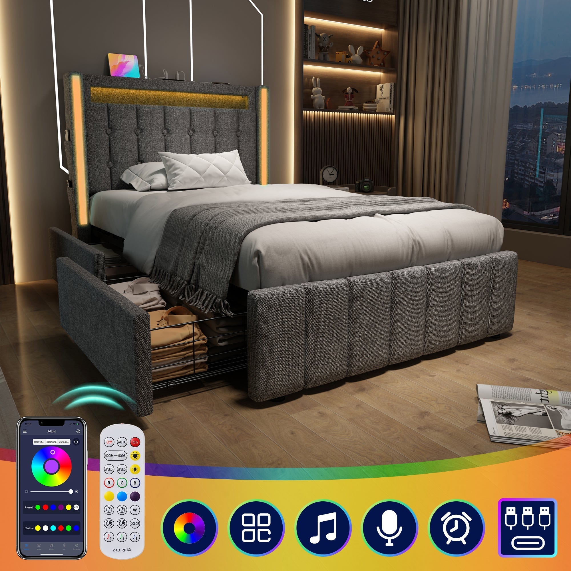 Upholstered Bed, USB-C, LED, 2 Drawers, Grey Fabric