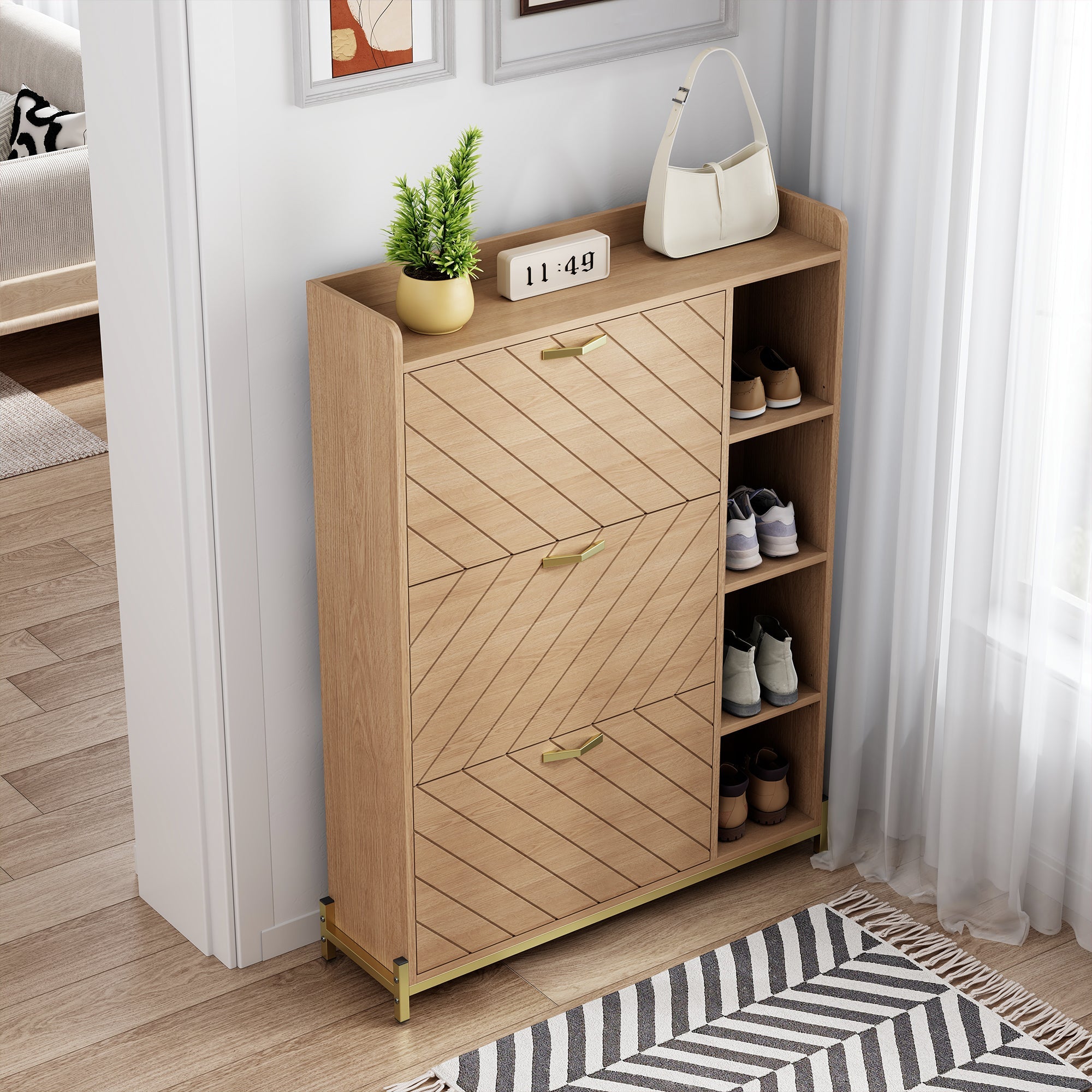 Nordic Style Shoe Cabinet with 3 Doors, Hinged Lid and Side Shelves, Oak Grain