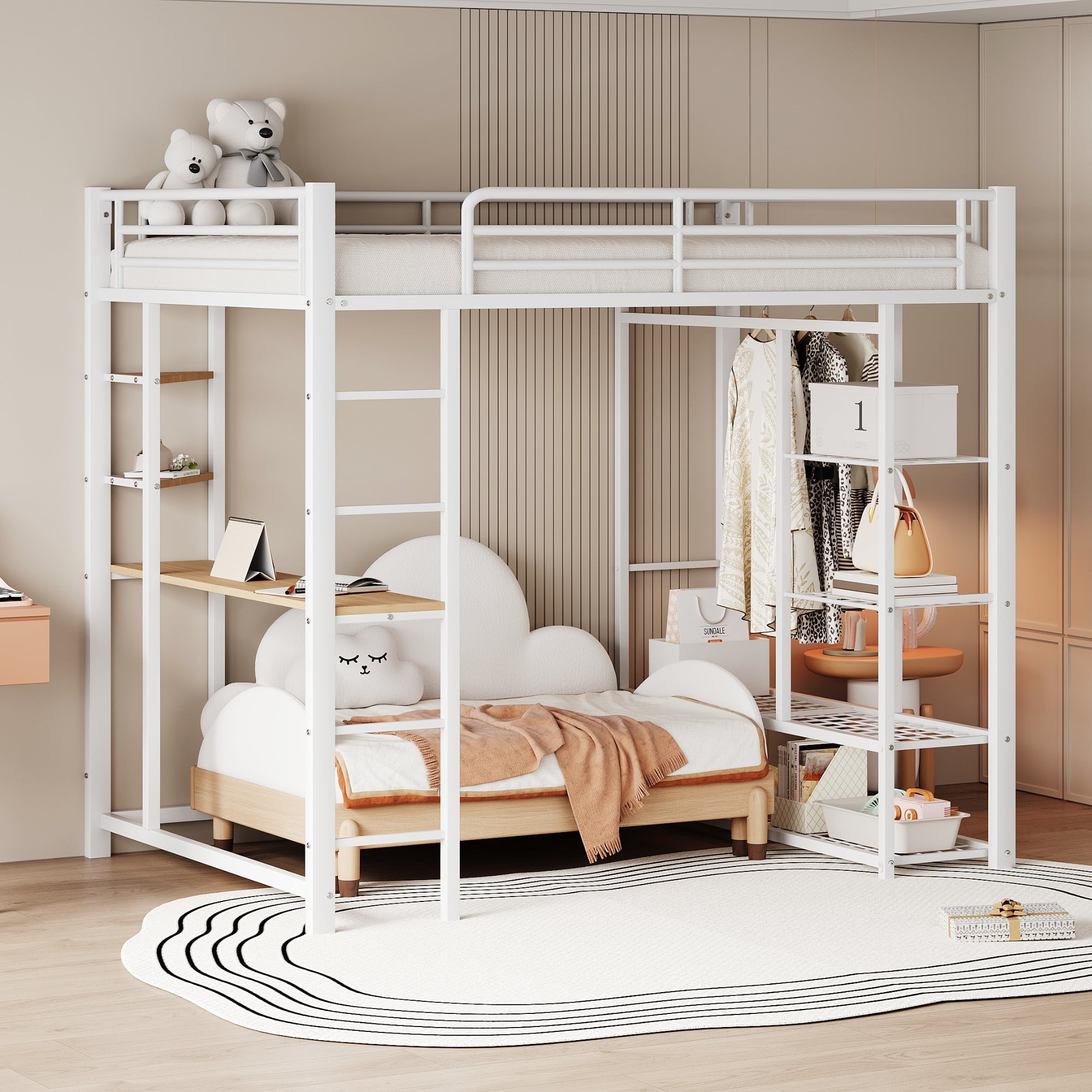 Metal Loft Bed, 140x200cm Junior Double with Desk & Storage, White