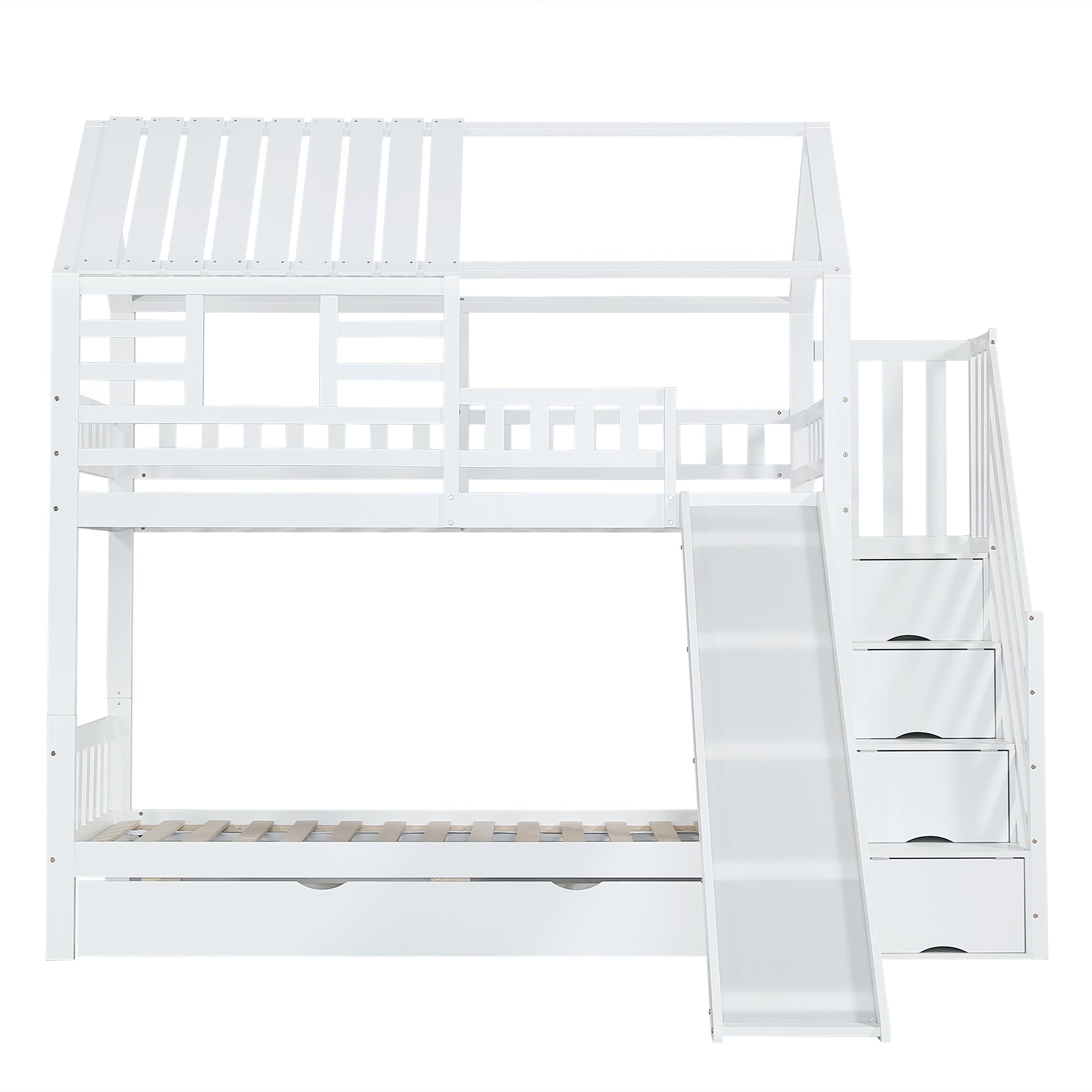 Bunk Bed, House Bed with Stairs, Slide, Storage, Safety Gate & Drawer, Pine/MDF, White