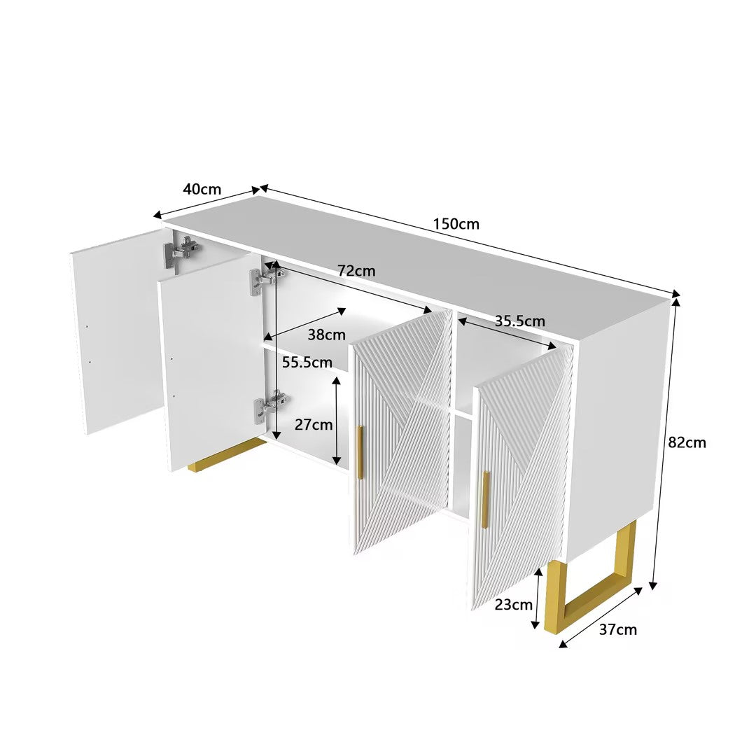 Sideboard, 150cm Modern Luxurious 4-Door with Adjustable Shelves, White High-Gloss