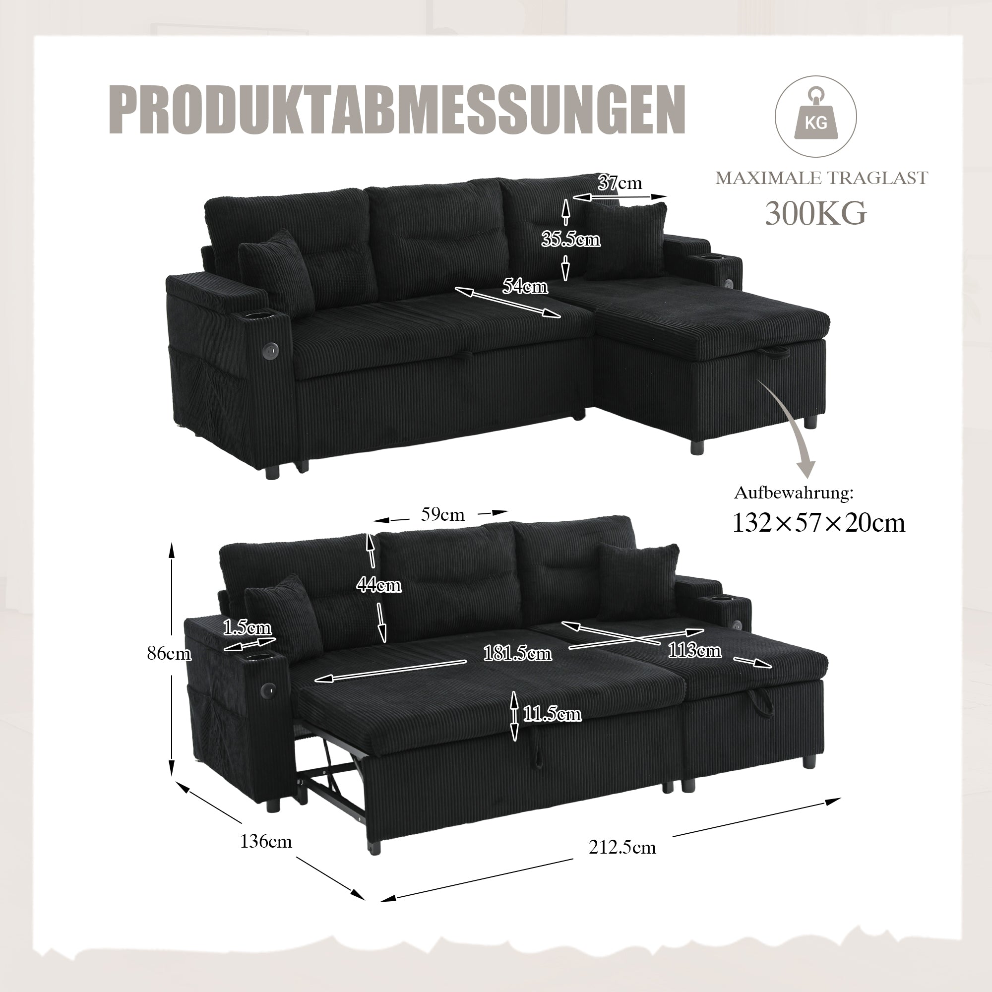 3-Seater Corduroy Sofa Sleeper Hydraulic Chaise Storage Cup Holders USB-C Corduroy