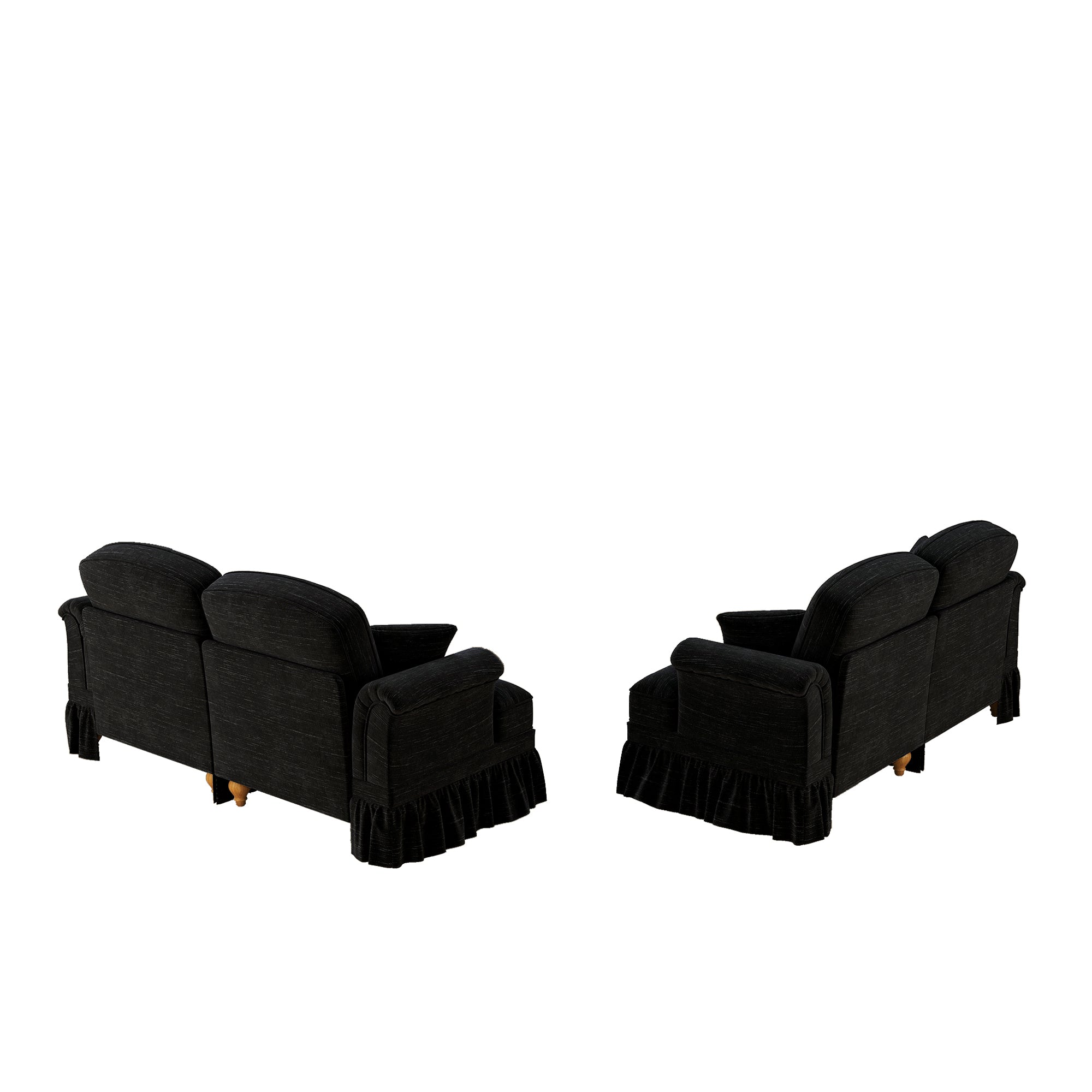 Mid-Century L-Shaped 2-Seater Sofa with Movable Ottoman - Black Chenille