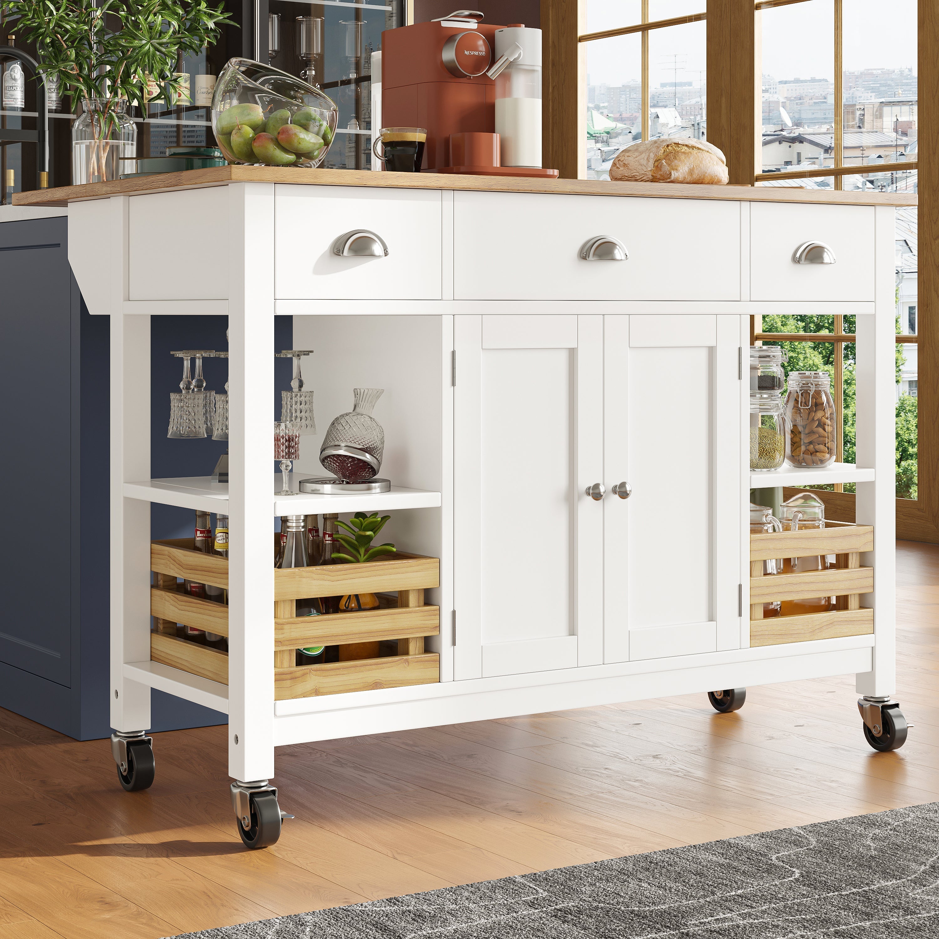 Rolling Kitchen Island Storage Trolley with Large Cabinet, 3 Drawers, Spice Rack & Adjustable Shelf, White