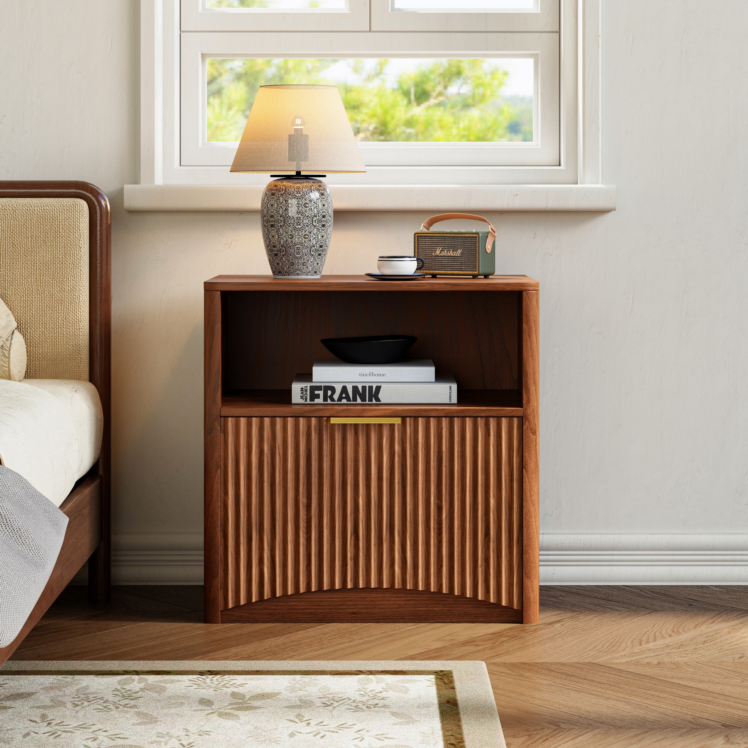 Nightstand Grooved Open Drawer Gold Handles - Walnut Look