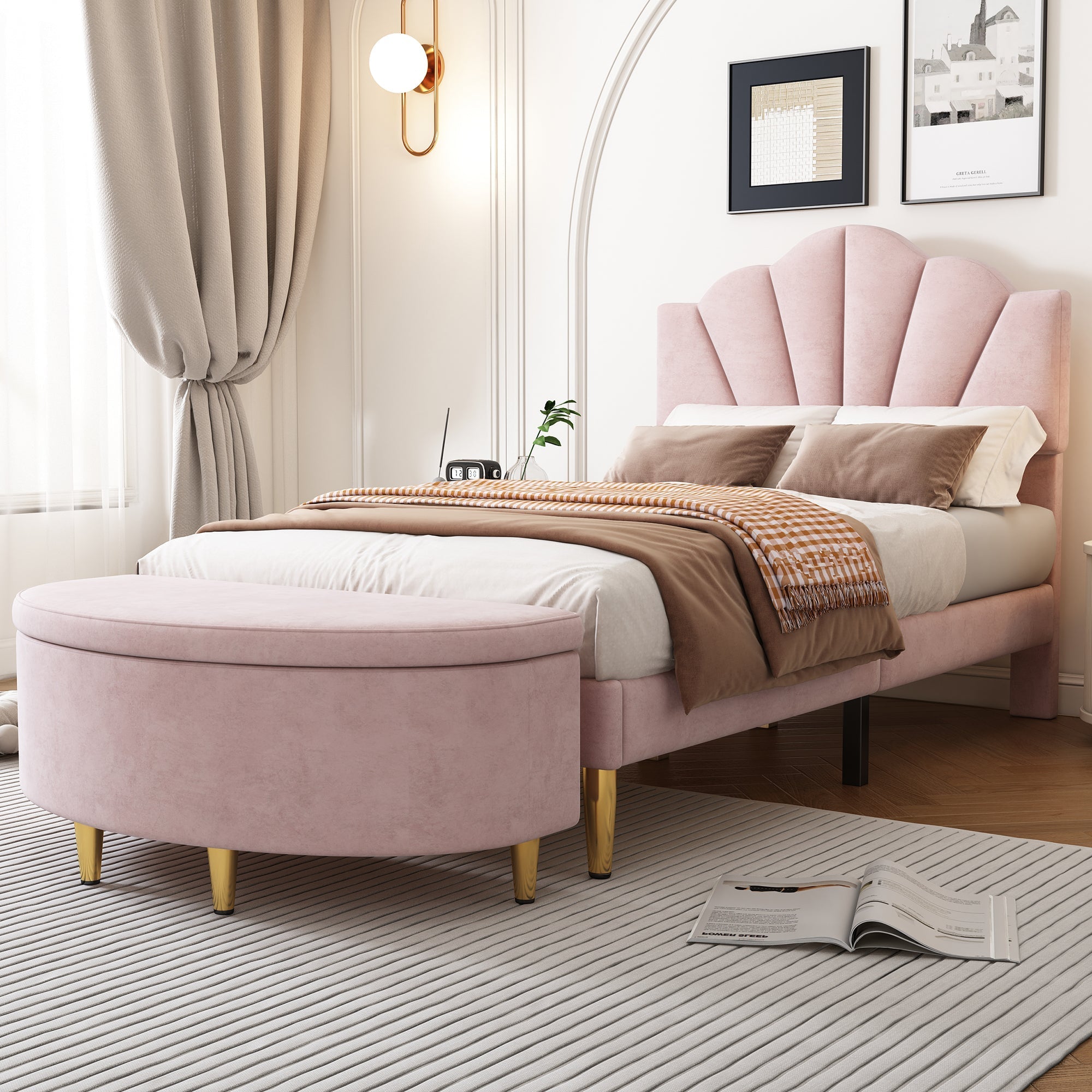 Upholstered Storage Bench with Metal Legs, Velvet Pink
