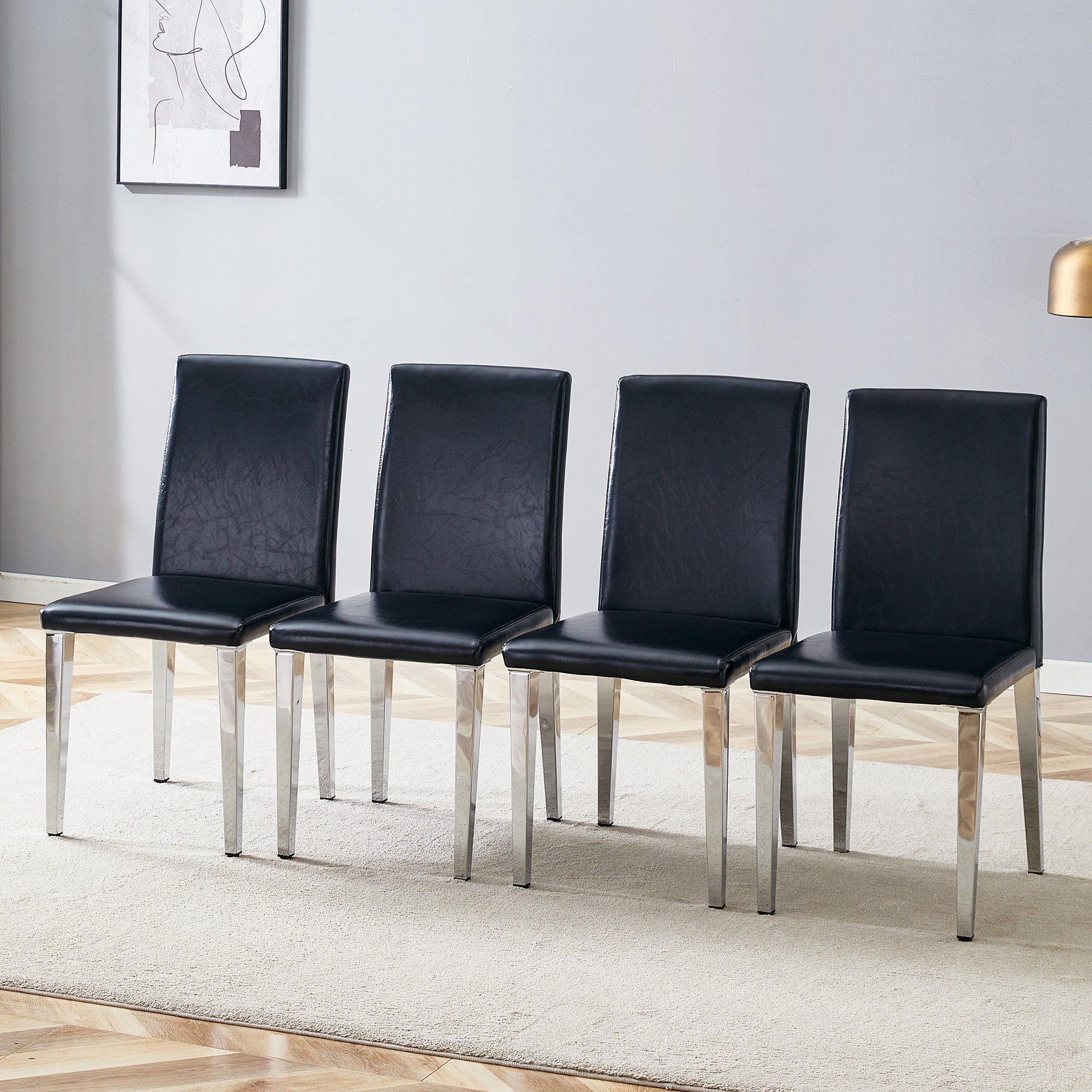 Minimalist Dining Chairs Set of 4, Modern Ergonomic Design with Metal Legs, Black PU Leather and Silver