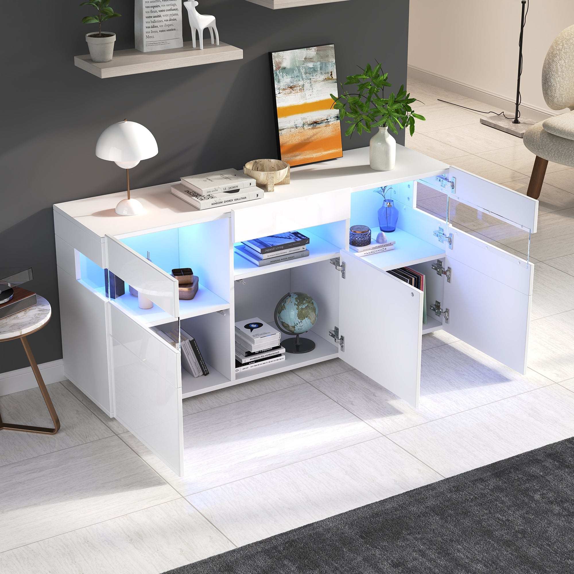 Living Room Sideboard 3-Door Cabinet LED Light Acrylic High-Gloss White