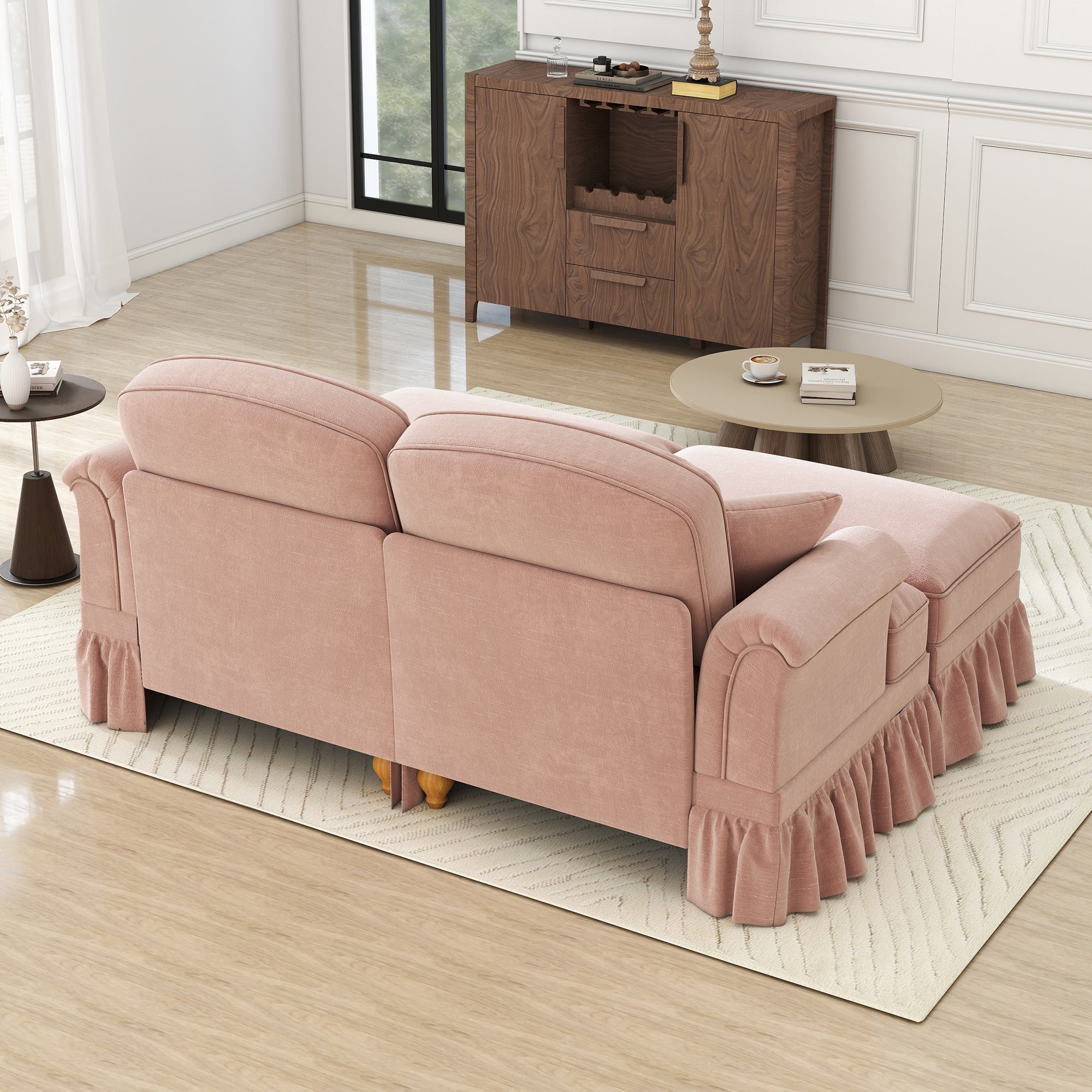 Modular 2-Seater Chenille Sofa with Funnel Armrests, Ruffled Apron & Ottoman Pink