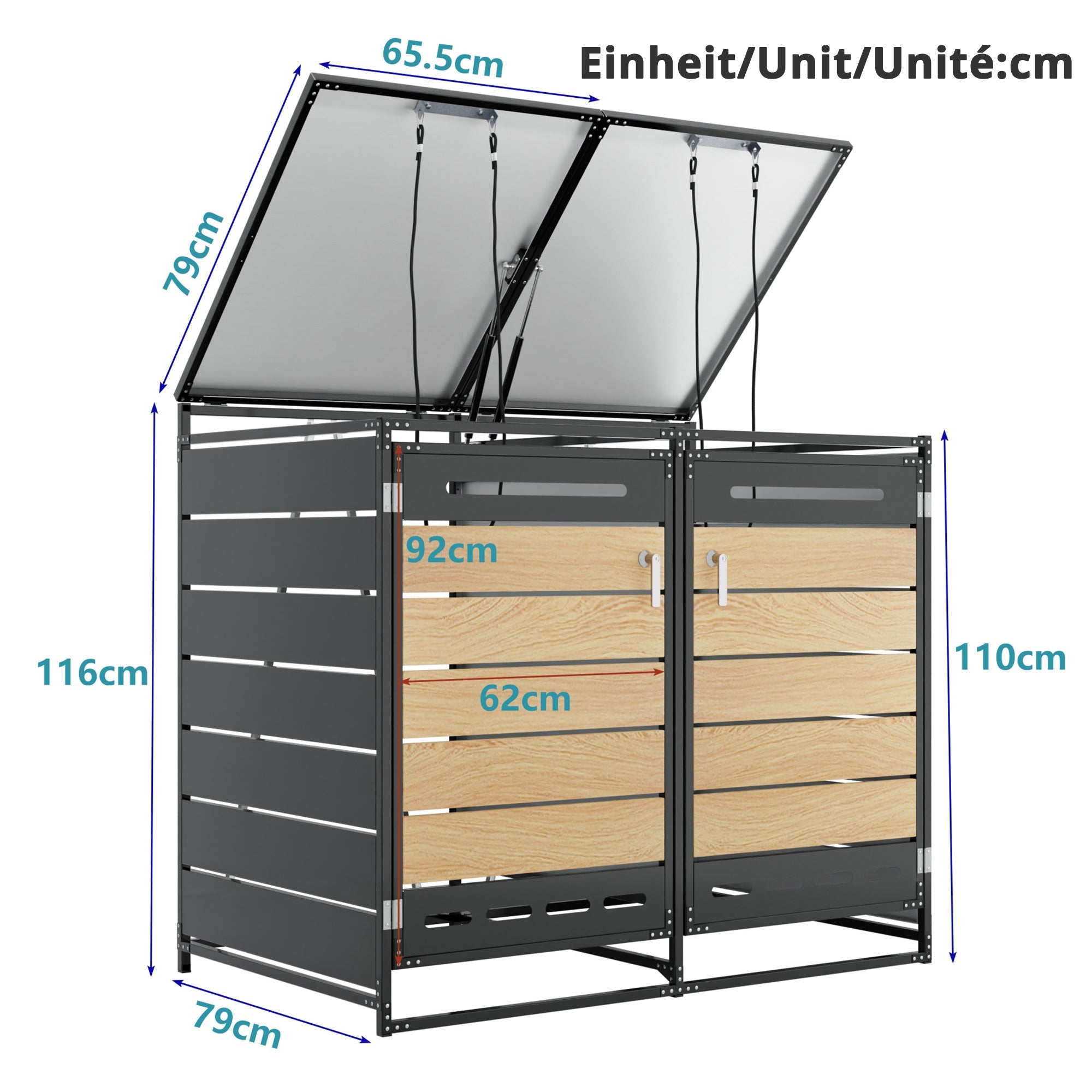 Bin Storage Unit with Hydraulic Lid and Slotted Ventilation, Iron with Wood-Look Cladding