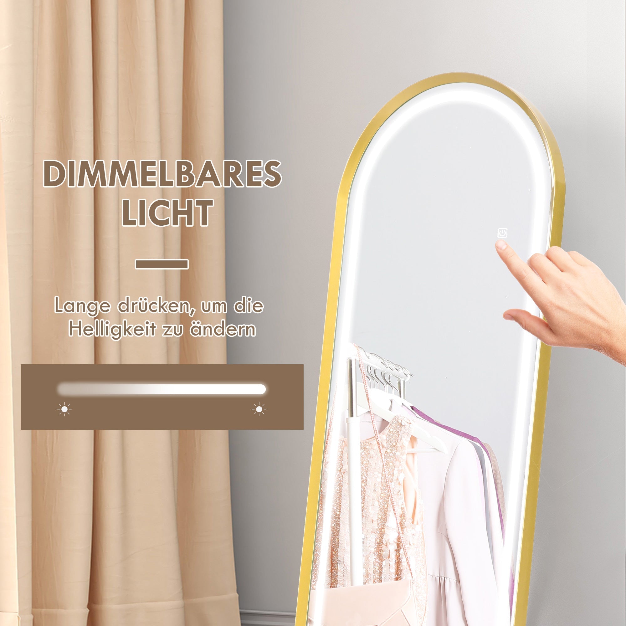 Ganzkörperspiegel, dimmbare LED, Wand- & Standspiegel, Touch-Schalter, Gold