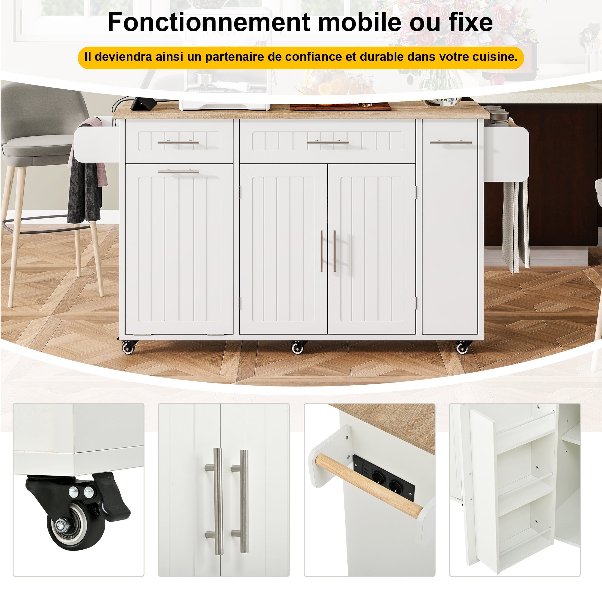 Kitchen Island Trolley with USB Port, Fold-Down Worktop & Storage, White