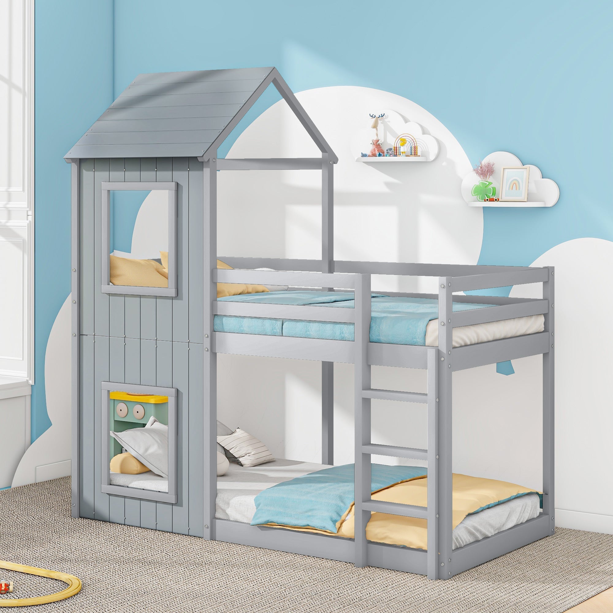 Bunk Bed 90x200cm House Bed with Ladder and Canopy Solid Wood Grey