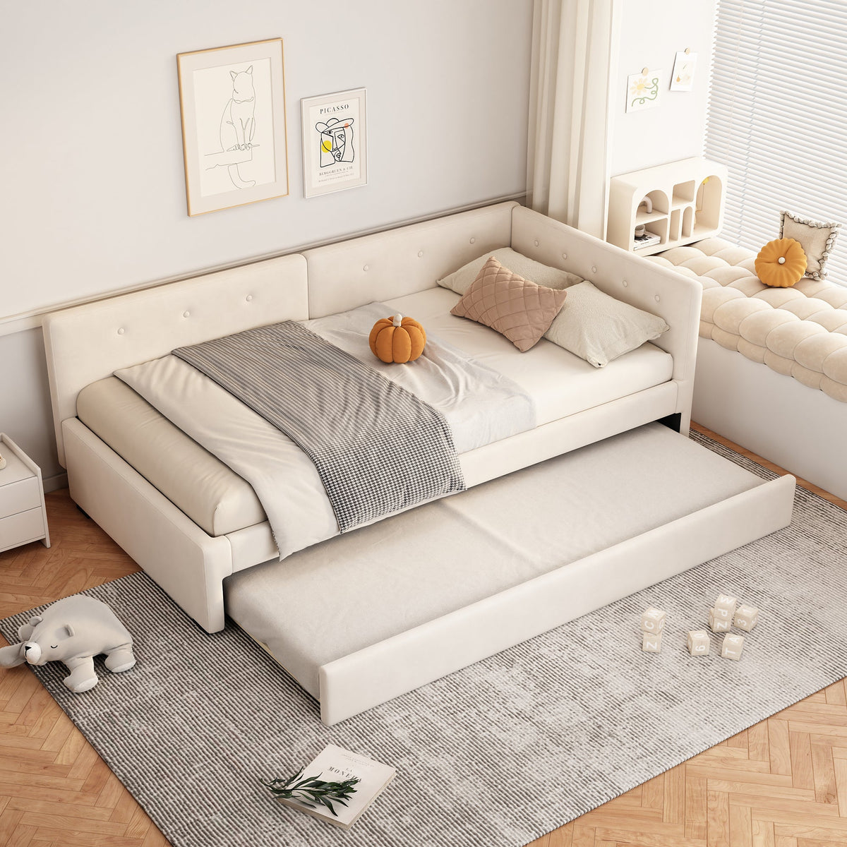 Daybed 90x200cm Rollaway Bed Minimalist Style - Beige