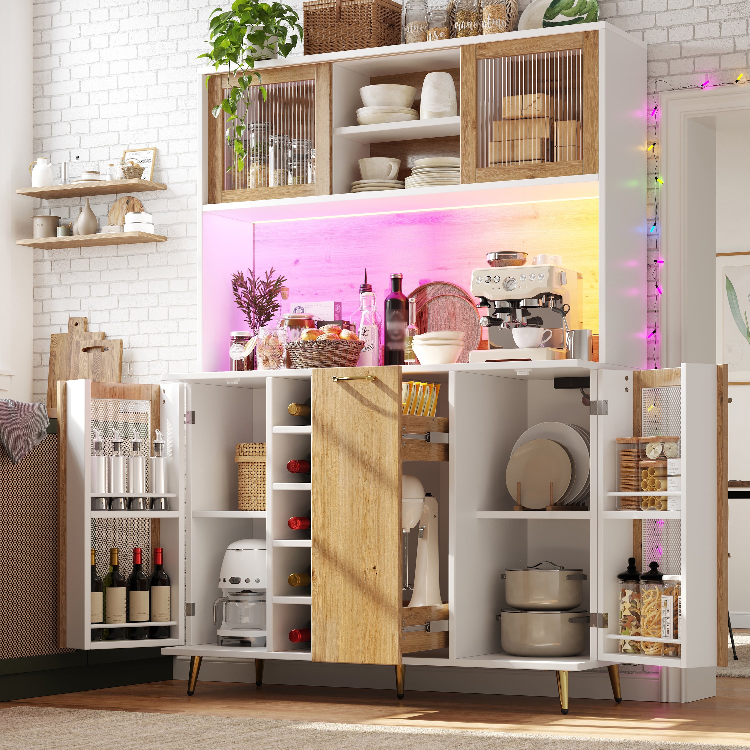 Buffet Sideboard Cabinet with LED Lighting, Wine Rack and Integrated Socket, White and Wood Look
