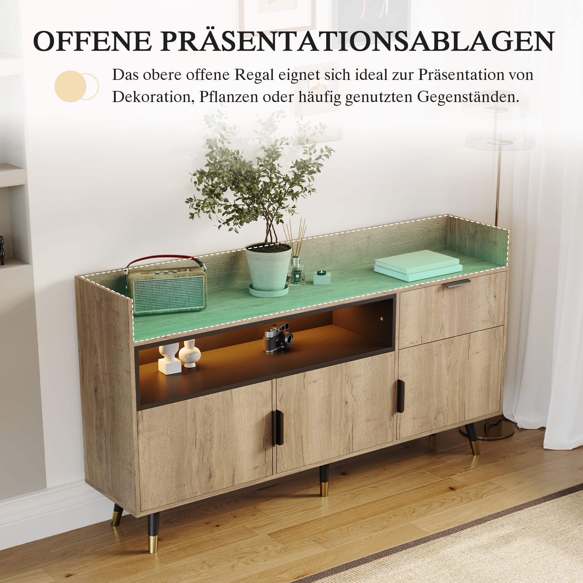 Modern Minimalist Sideboard with Open Shelves, Drawers and Swing Doors, Wood and Metal
