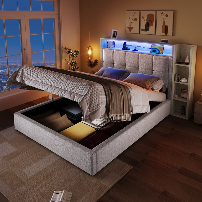 Upholstered Bed 90x200cm Multifunctional Storage LED USB/Type-C App Control - Linen Beige