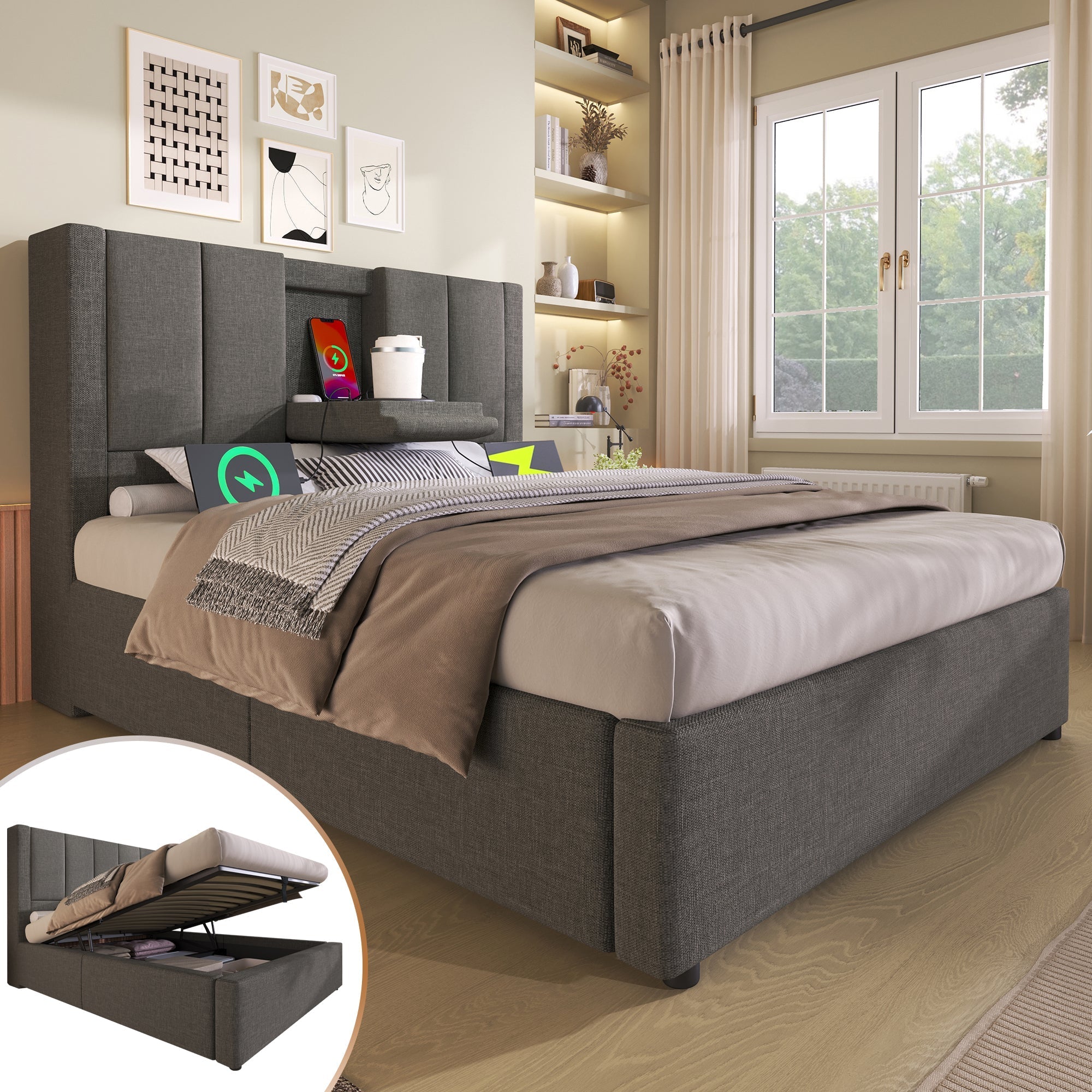 Upholstered Single Bed 90x200cm Hydraulic Storage Cup Holder Charging Station - Linen Grey (With Mattress)