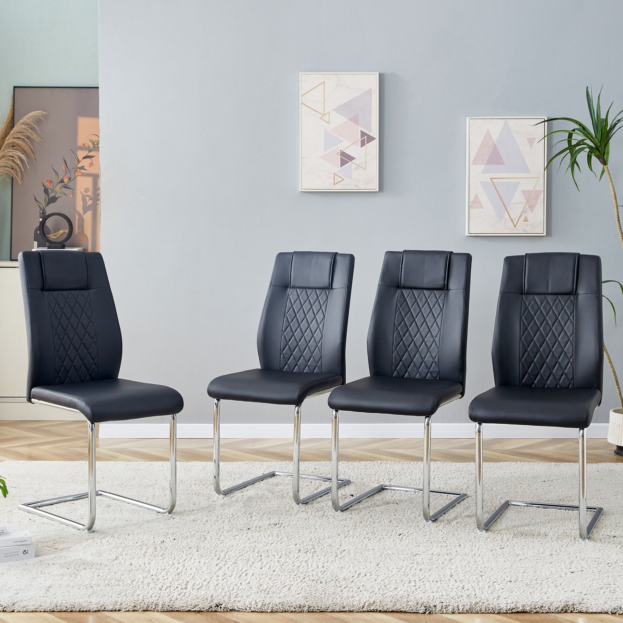 Dining Chair Set of 4 Nordic Style Mesh Stitching Silver Metal Legs Black PU