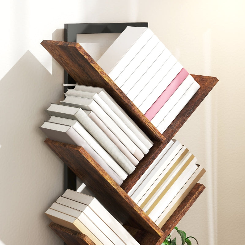 Bookshelf Standing Shelf 7 Levels Narrow Tree Shape Office Rustic Brown