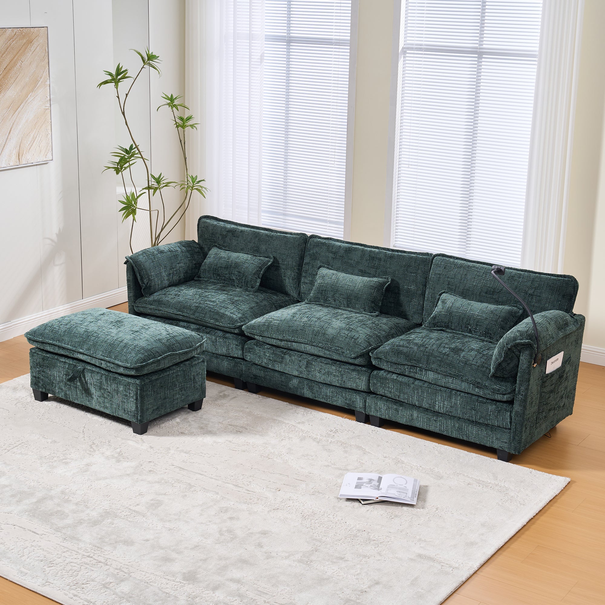 Modern 2-seater Sofa, USB Port Side Storage, Modular Footstool, Chenille Emerald