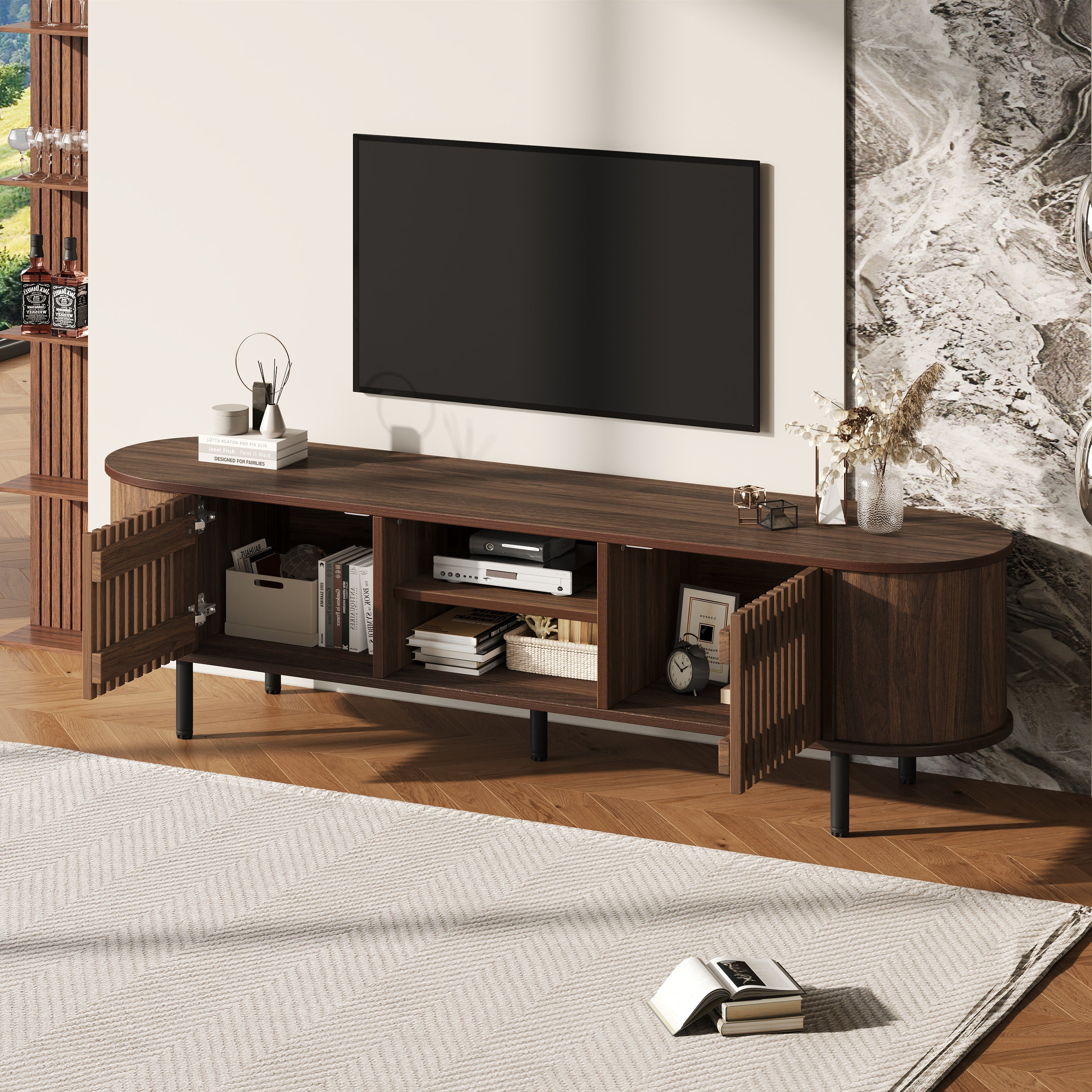 TV Cabinet Lowboard with 2 Cabinets, Openwork Wood Design, Walnut