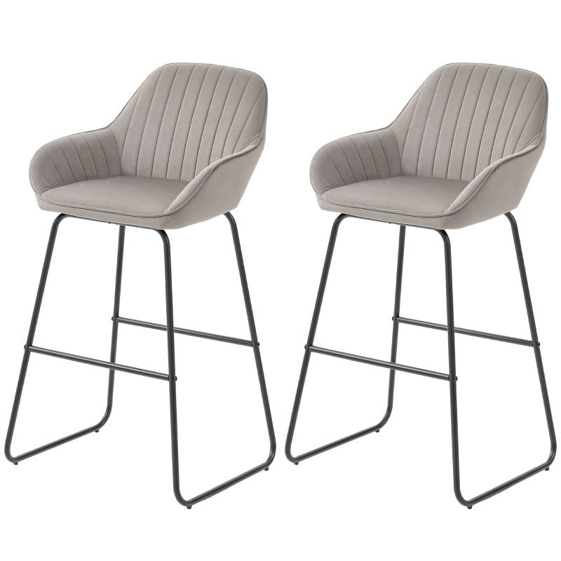 Bar Stools, Set of 2 Upholstered with Metal Legs, Grey