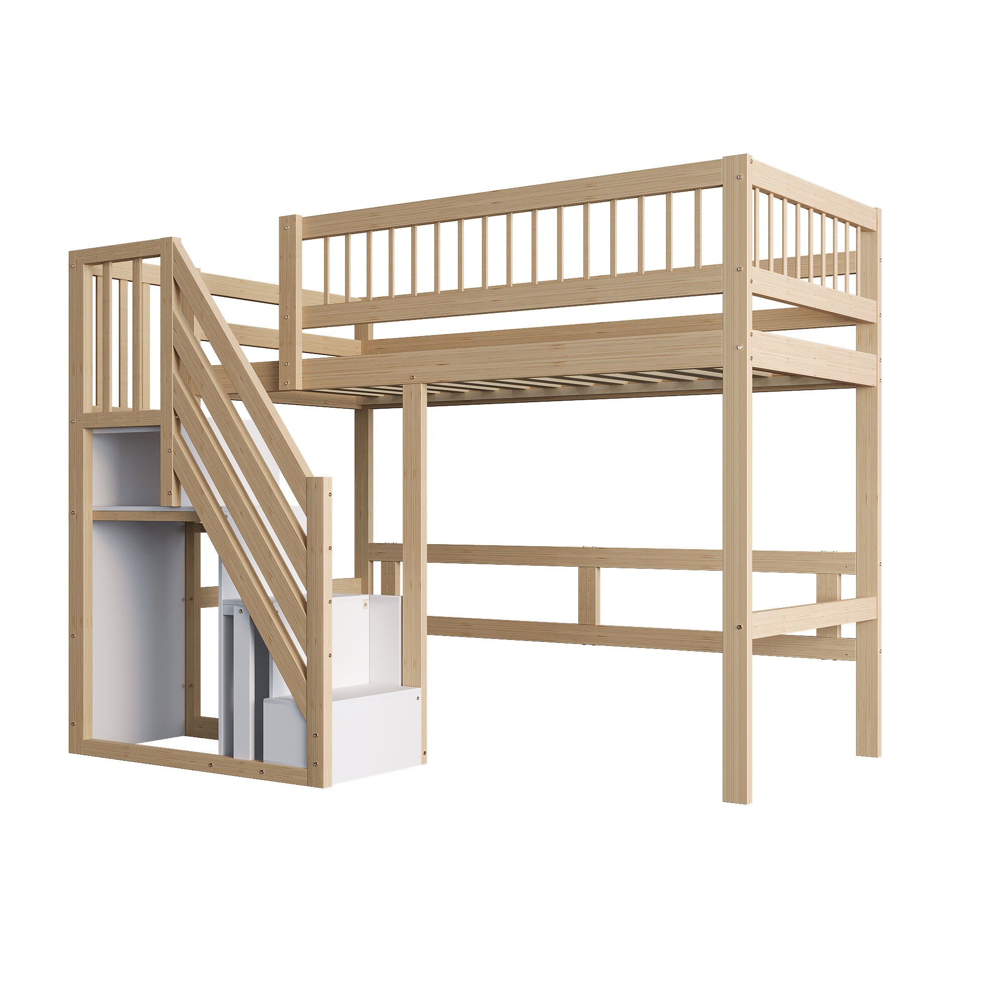Solid Wood Bed, 90x200, Storage Stairs, High Version, Wood Color