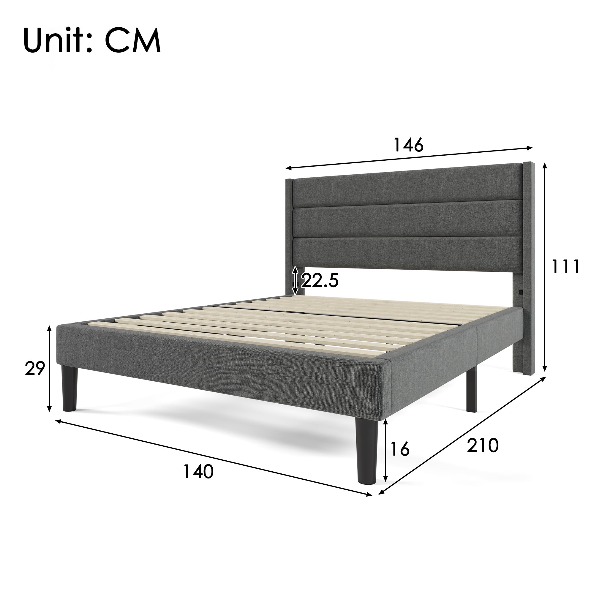 Upholstered Bed 140x200cm, with Slatted Frame & Headboard, Double Bed, Linen Dark Grey