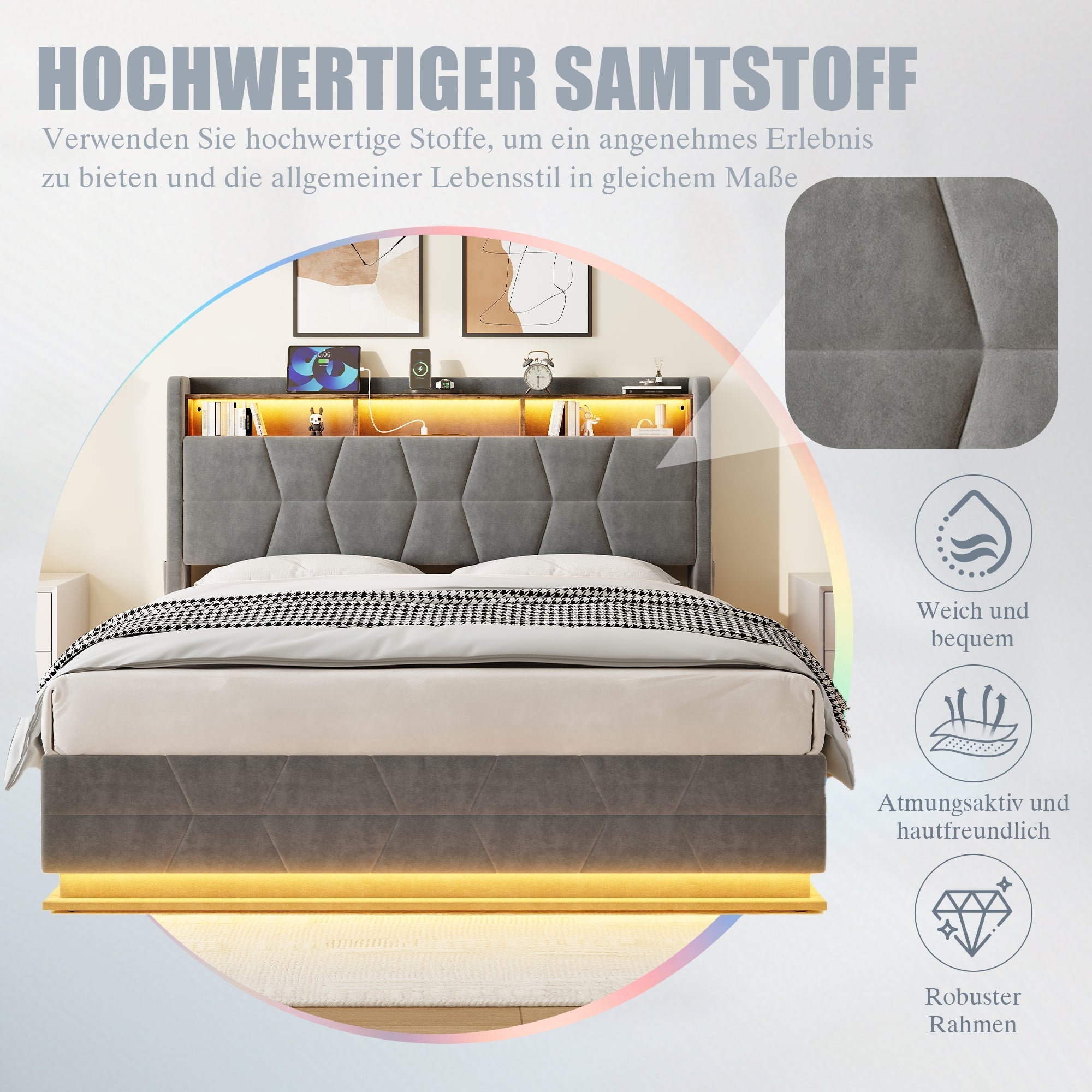 Multifunctional Bed with LED Lighting, Storage Headboard and USB Charging, 160x200cm Dark Grey Velvet