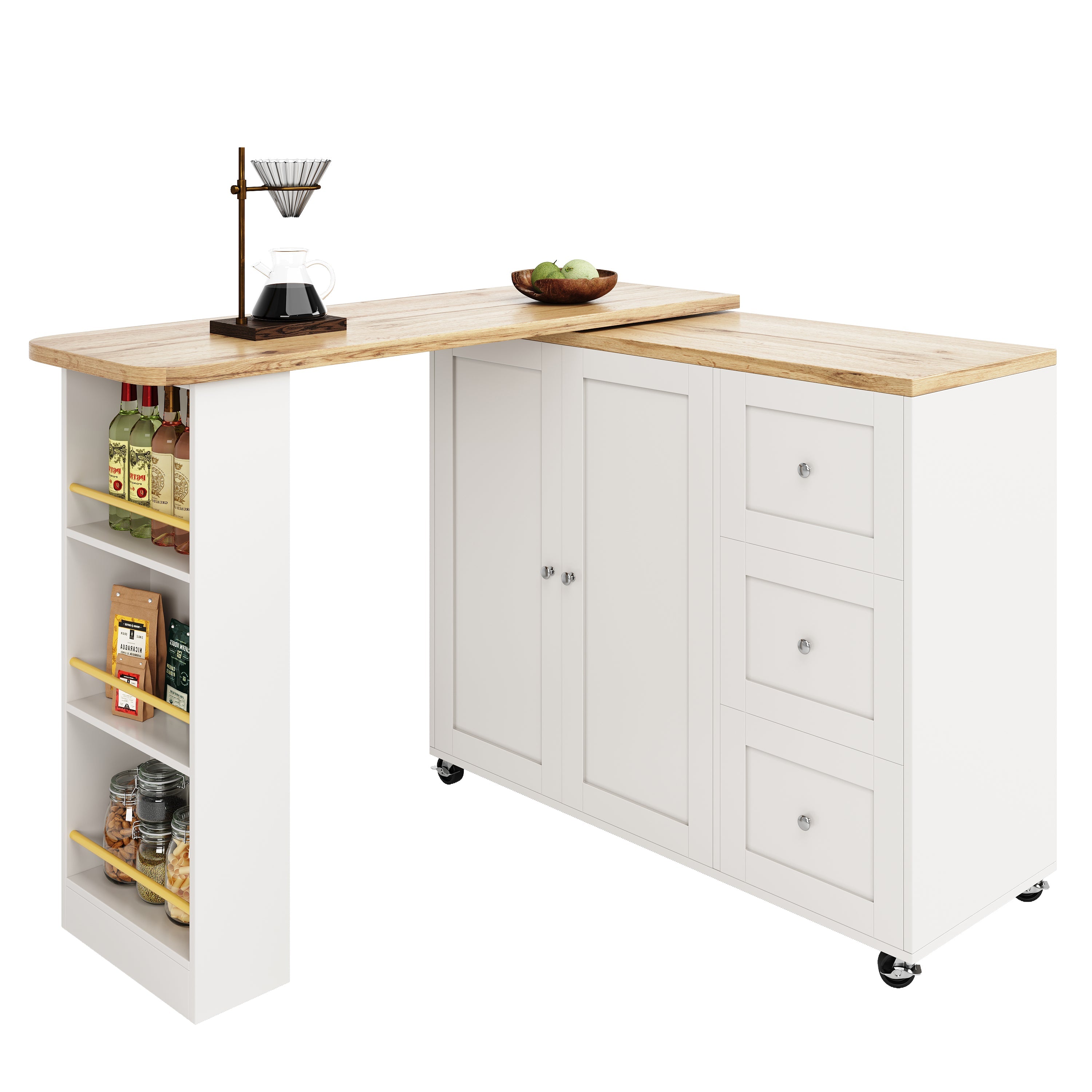 360° Rotating Bar Table Extendable Storage Island with 3 Drawers and Casters, White
