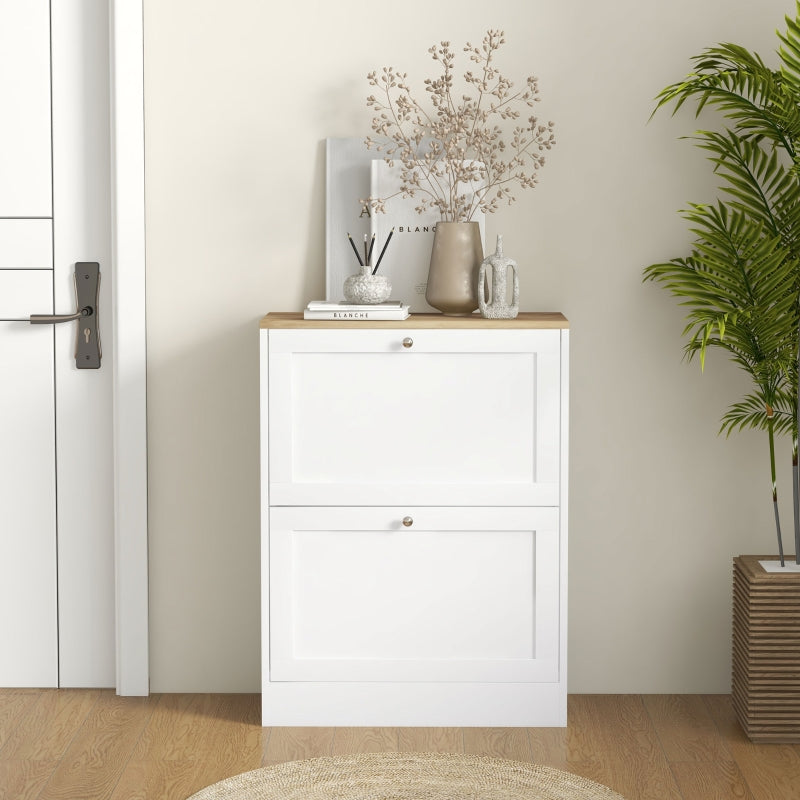 Two Flip Drawer Shoe Cabinet, Slim Storage Adjustable Shelves, White