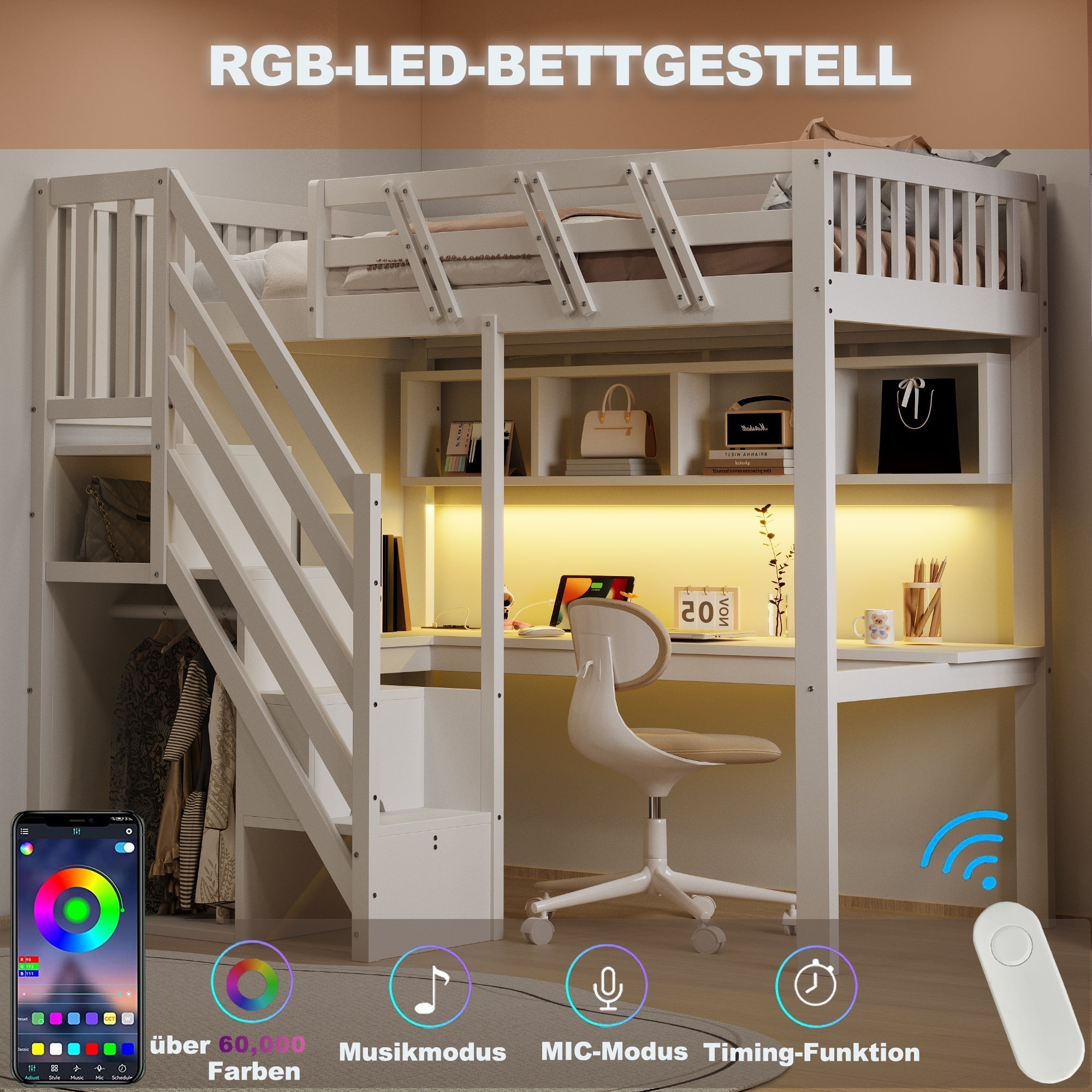 Solid Wood Loft Bed 90x200cm with Stairs Storage Cabinet Desk USB LED - White