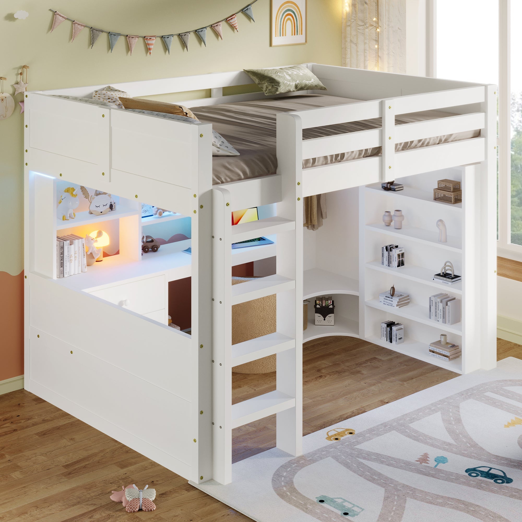 Loft Bed 140x200cm LED Lights Wardrobe Desk Drawers Storage - White