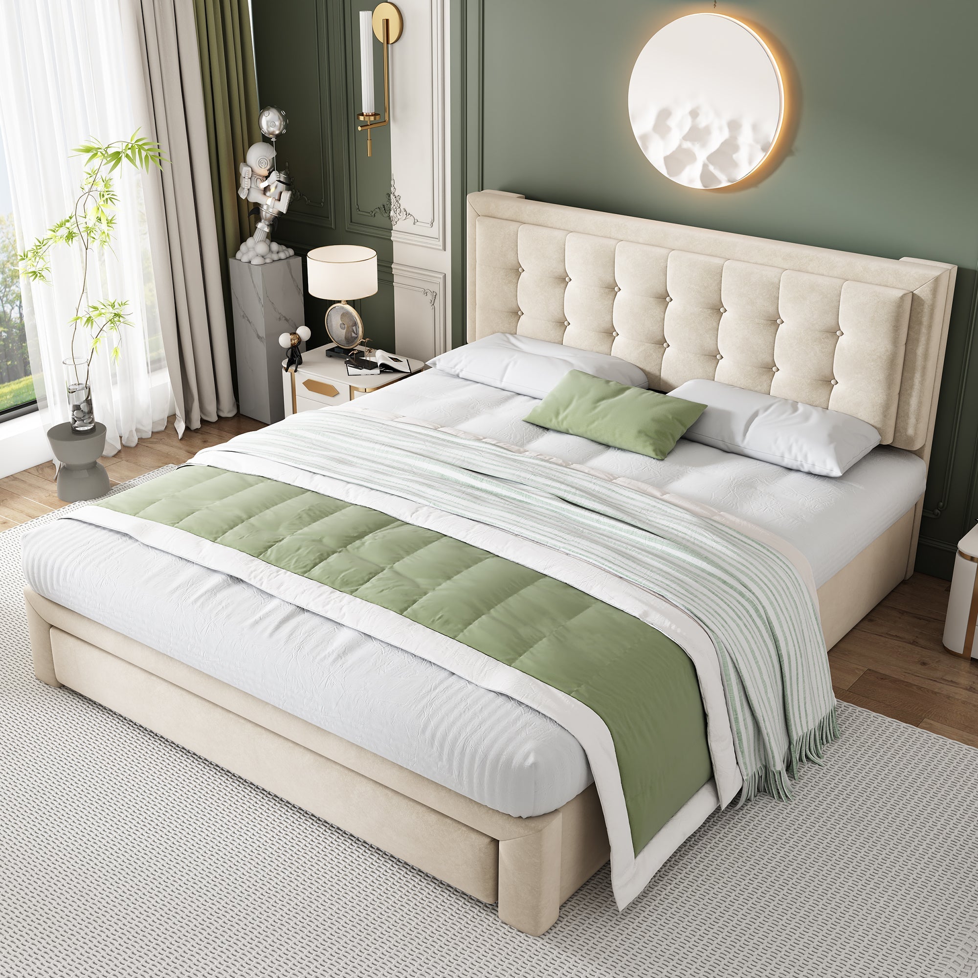 Upholstered Bed Double 4ft6 (135x190cm) with Storage, Slats & Headboard, Velvet Cream