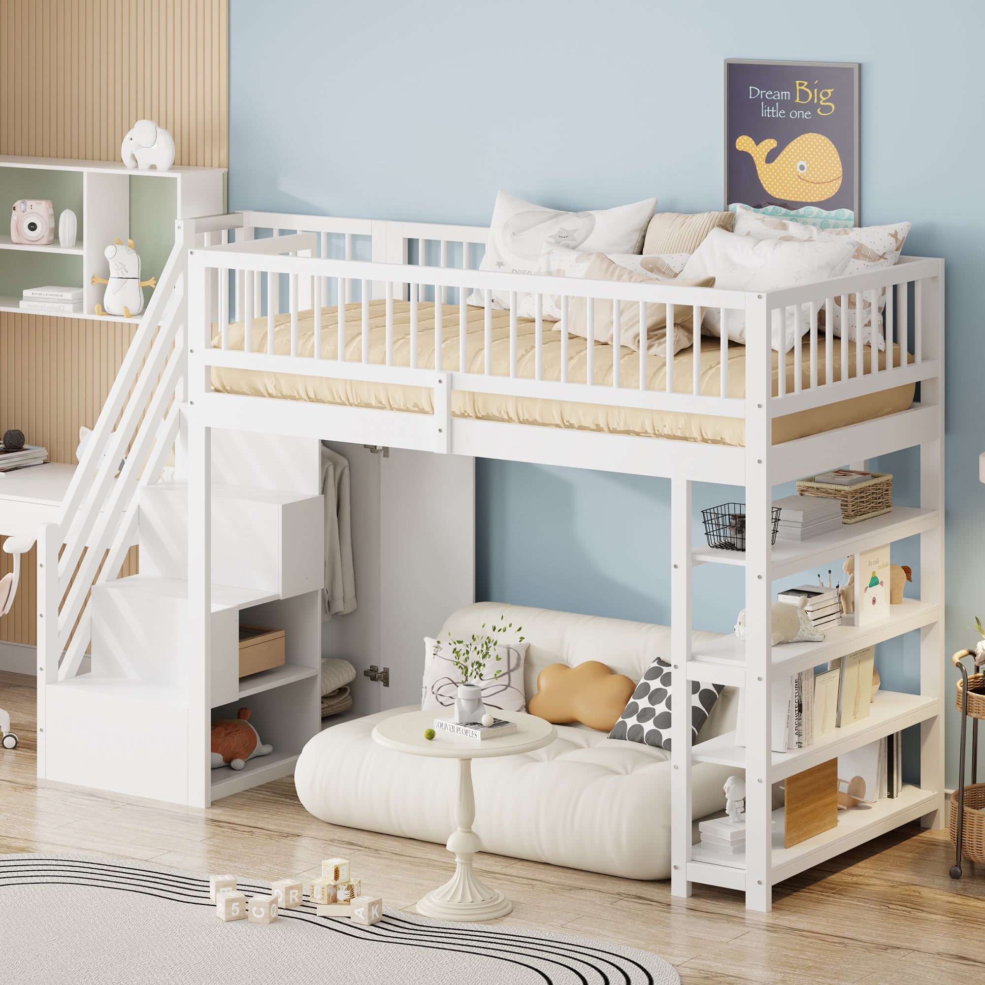 Loft Bed, 90x200 Multifunctional with Wardrobe, Shelves, Ladder, Solid Wood, White
