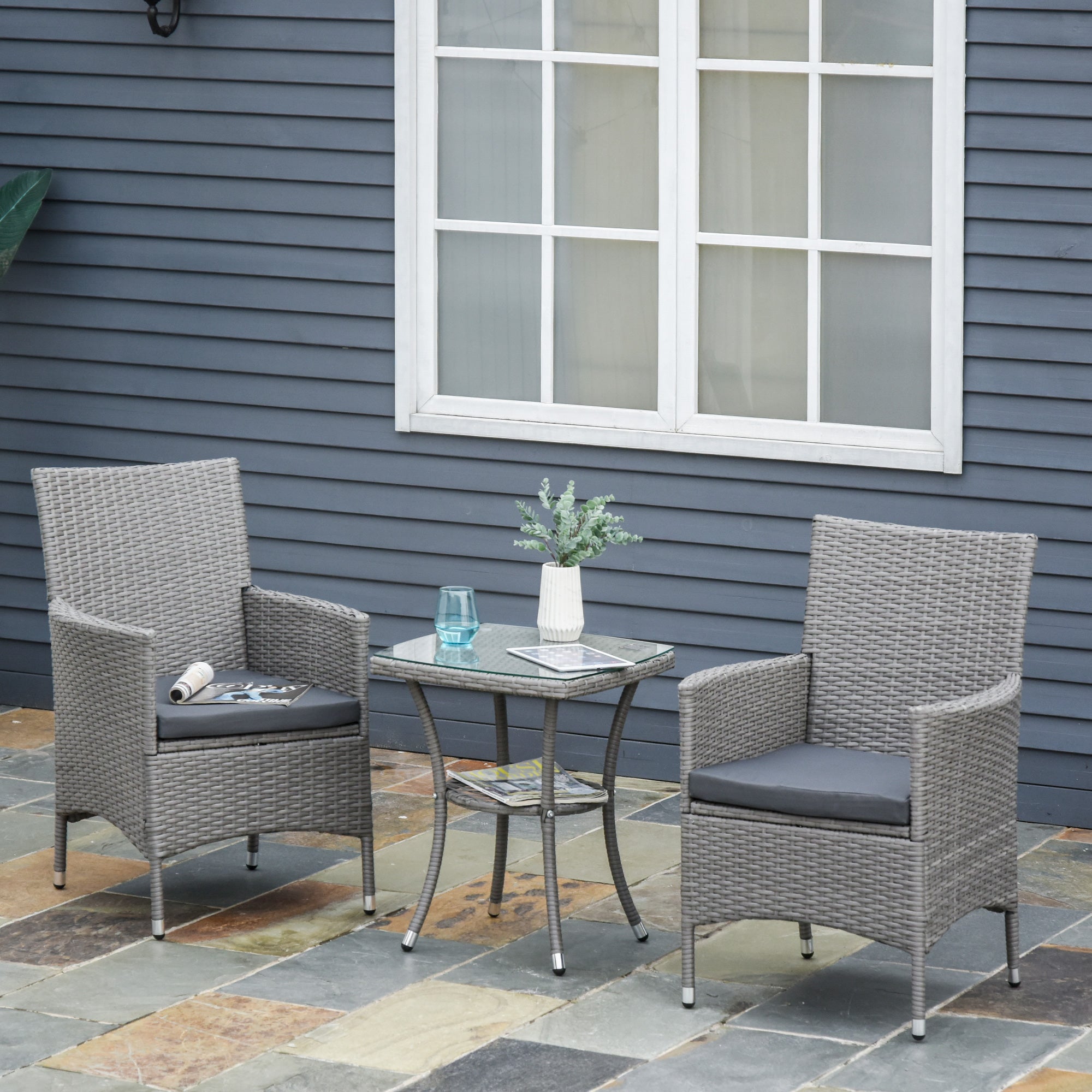 Rattan Garden Furniture Set, 3-Piece Bistro with Side Table, Black/Brown