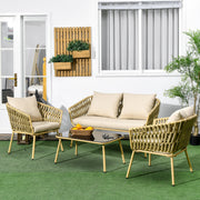 Rattan Garden Set 4-Piece with Coffee Table, 2 Armchairs, Double Sofa, Cushions - Khaki