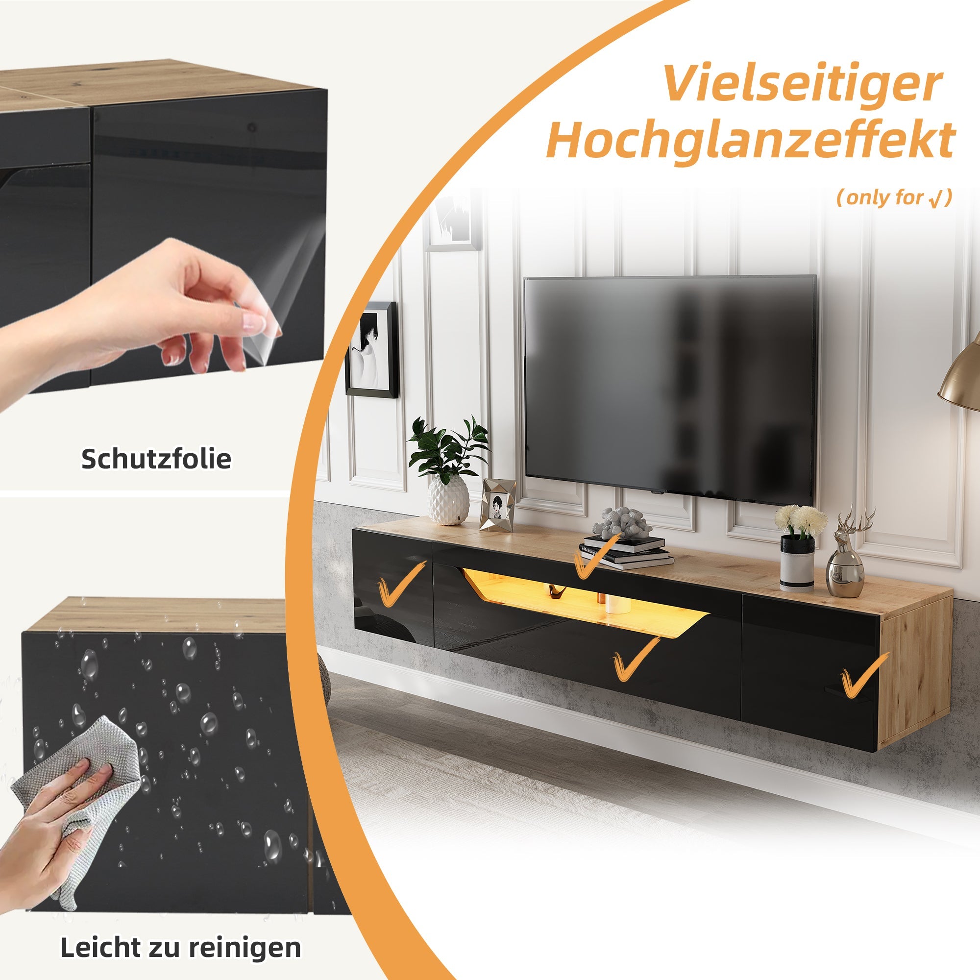 TV cabinet, 3 storage compartments, lowboard, floating wall board, LED light, wall-mountable, suitable for 75-inch TVs, black and wood color