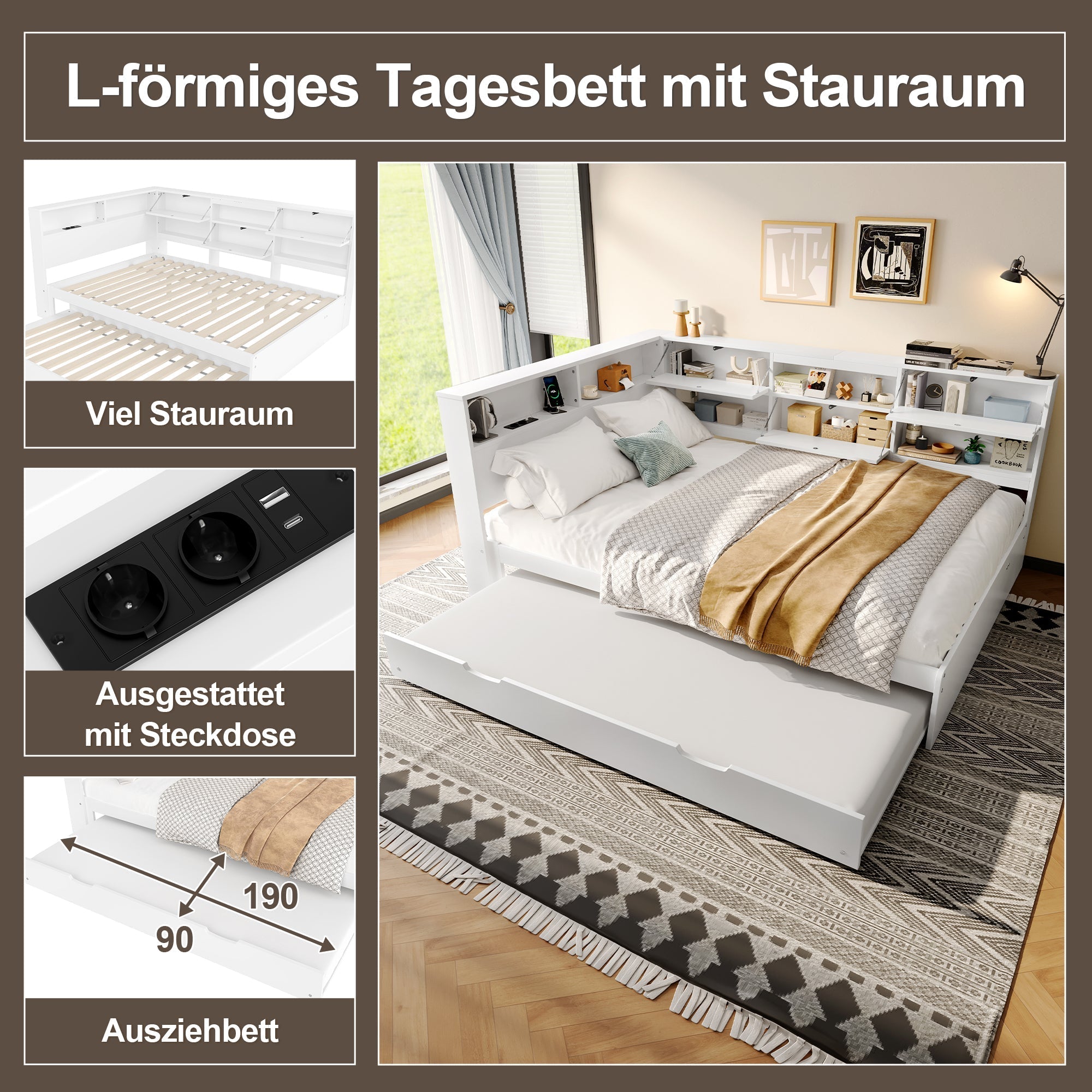 Daybed Sofa Bed with Storage Headboard and Extendable Trundle, 140x200cm, White