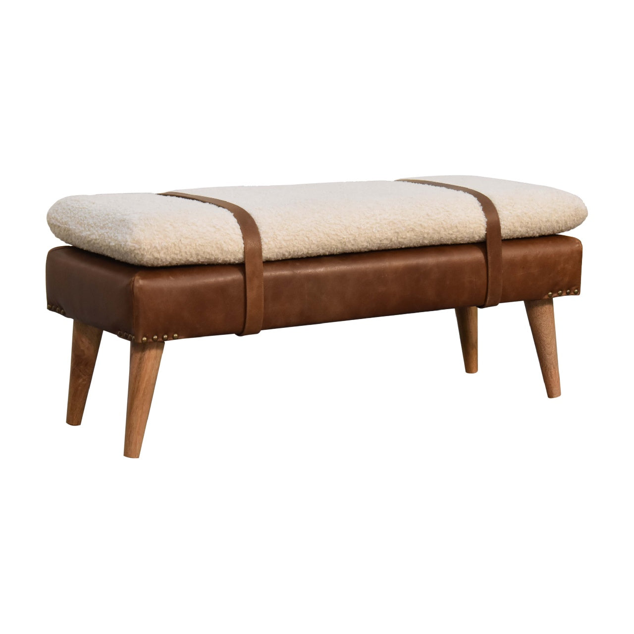 Solid Wood Bench, Upholstered Bouclé Buffalo Hide Leather, Beige